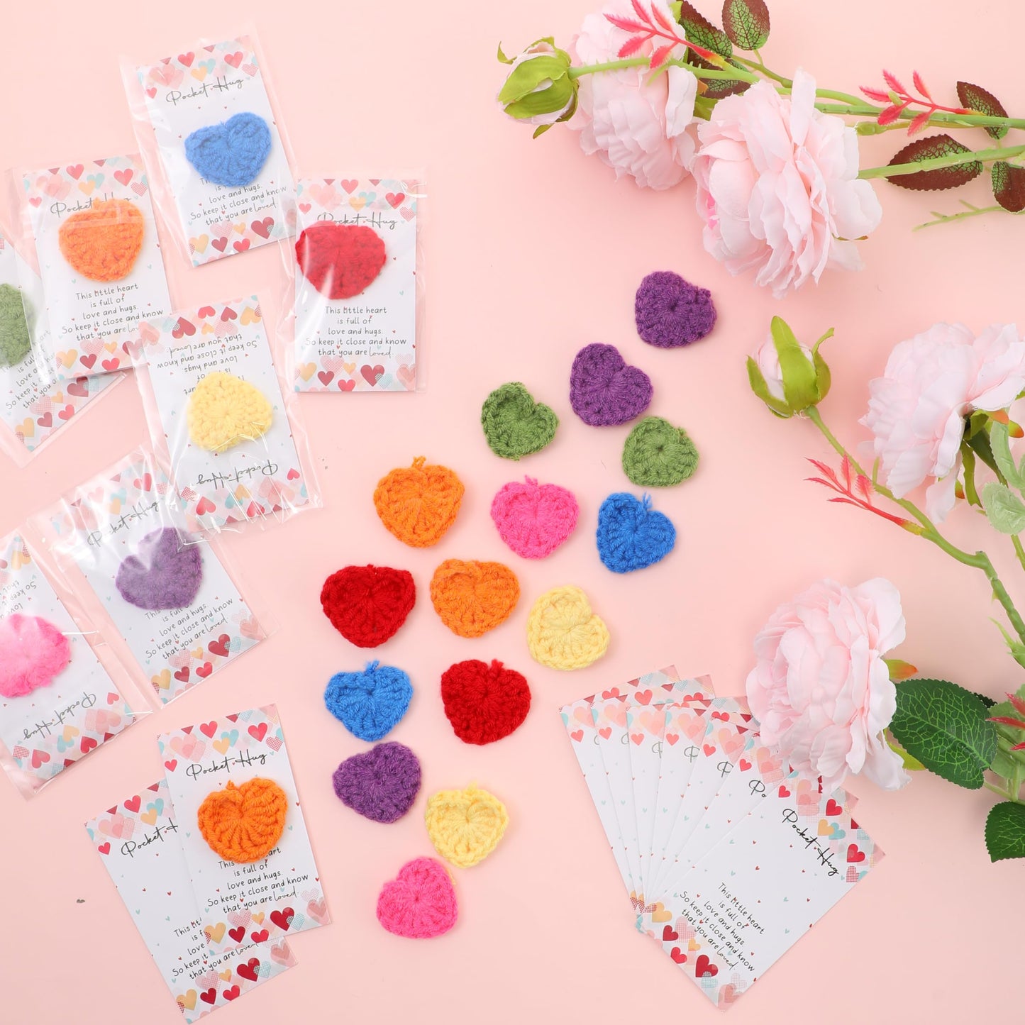 Mindsoft Emotional Cheer Support Gift Bulk Cute Hand Crocheted Pocket Hug Heart Inspirational Cards and Bags Party Favor for End of Year Preschool Toddler Boy Girls(140 Sets)