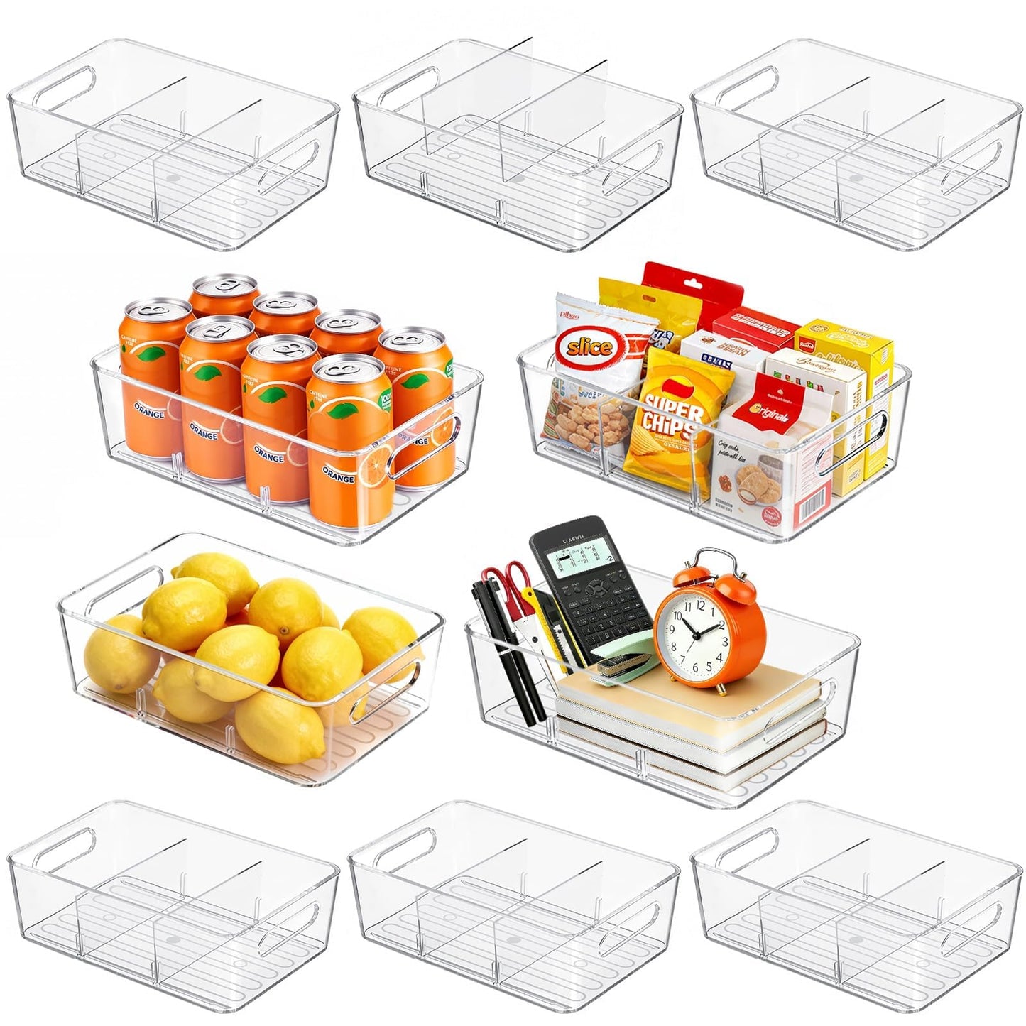 Mpotmiy 10 Pack Pantry Organizers and Storage,Clear Plastic Containers with 2 Dividers for Kitchen,Fridge Organization and Storage,Acrylic Bins for Pounches,Spice Packet,Snack organzier