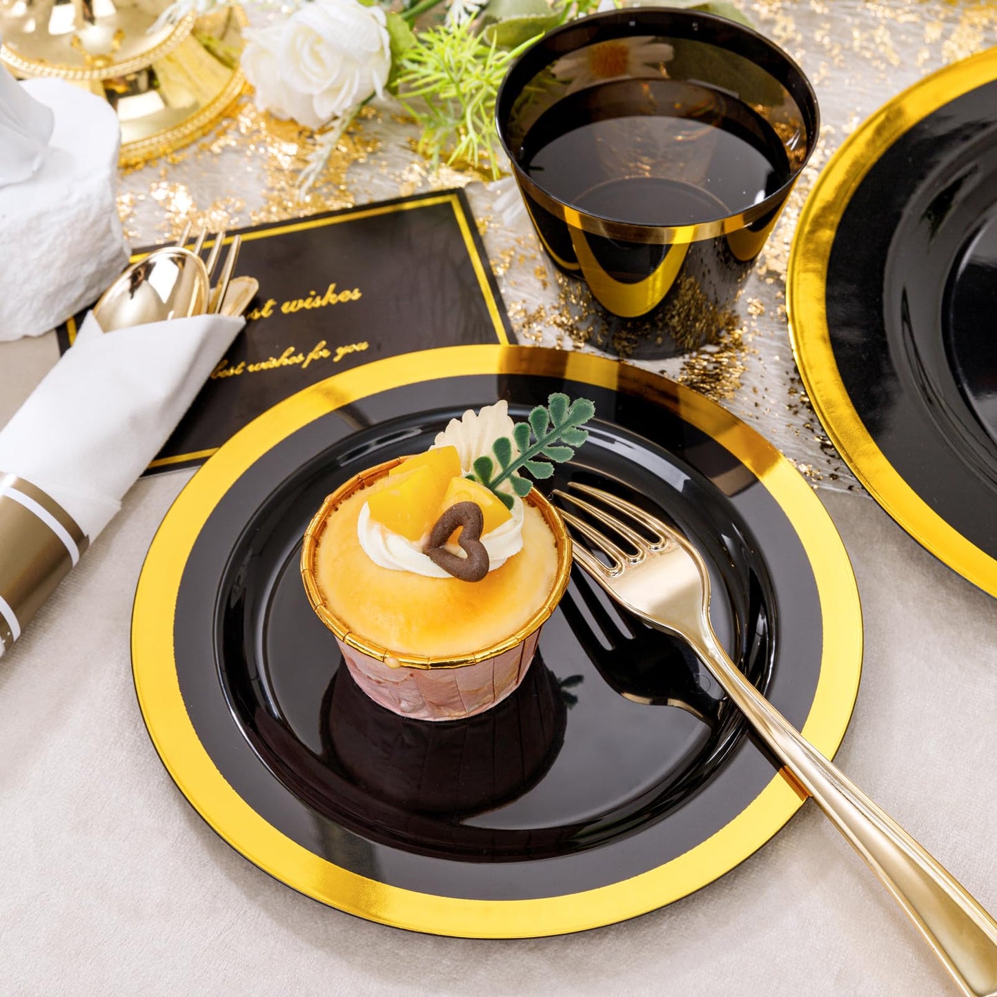 YOUBET 350PCS Black and Gold Plastic Plates - Gold Disposable Dinnerware Sets for 50 Guests - 100 Plastic Plates, 150 Gold Silverware, 50 Cups, 50 Pre Rolled Napkins for Party & Wedding Graduation