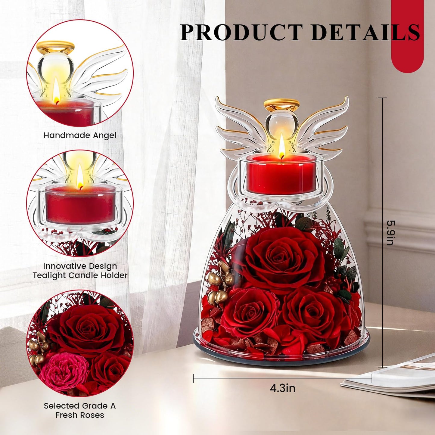 Agrul Mothers Day Roses Gifts for Mom Women,Preserved Real Flowers Roses in Glass Angel Figurines Candle Holder with Tealight Candle Holder/Red