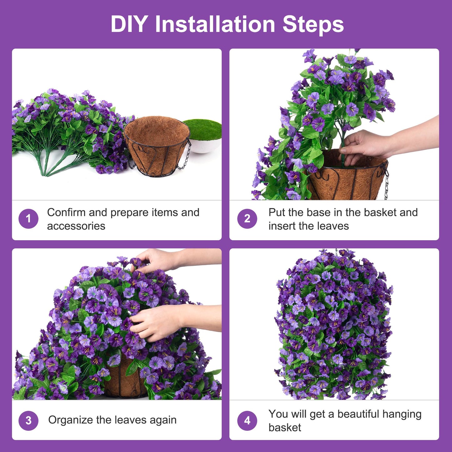 INXUGAO Artificial Flowers with Hanging Basket, Outdoor Faux Plants Silk Morning Glory Vines, Fake Green Arrangement for Garden Patio Spring Summer Decor(4 pcs,Purple)