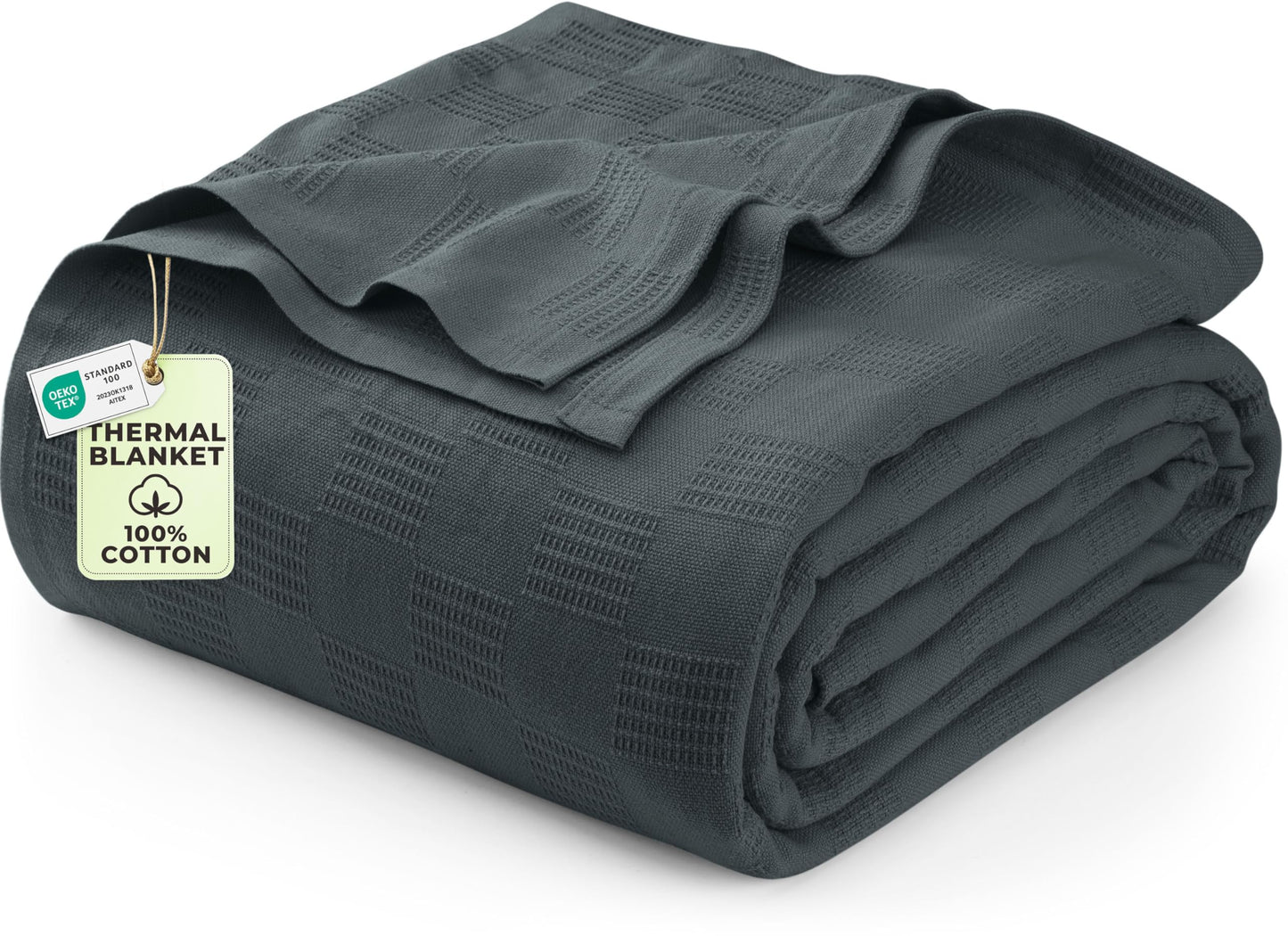 Utopia Bedding 100% Cotton Thermal Blanket Smoke Gray Queen Size Soft, Lightweight, Breathable, Cozy Spring and Summer Blankets for Bed, Home Room Decor Gifts for Women and Men (90x90 Inches)