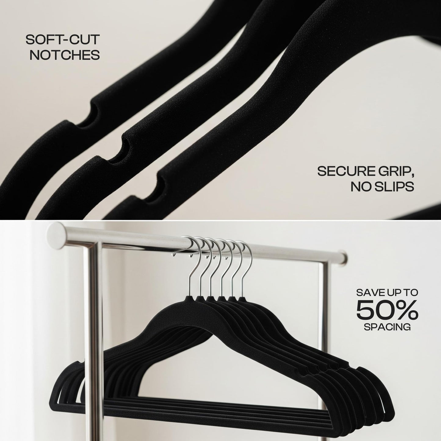 Utopia Home Velvet Hangers 50 Pack – Luxury Non-Slip Slim Pant & Coat Hangers, Strong Space-Saving Clothes Hangers with Pants Bar and 360° Swivel Hook – Black