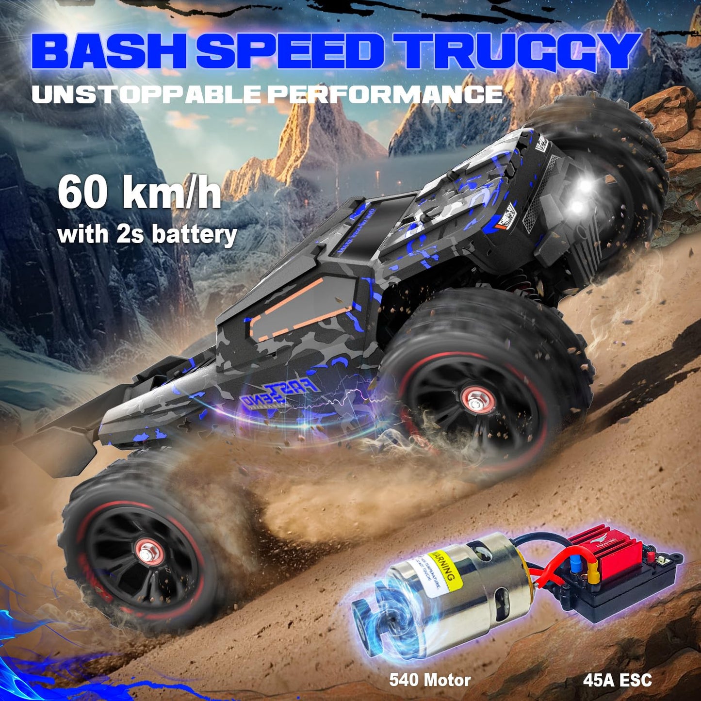 1/14 Scale RC Cars for Adults, 60+ KM/H High Speed RC Truggy, 4X4 Off-Road Remote Control Truck, Waterproof Electric Car with 2S Battery, All Terrain RC Vehicle for Snow, Sand, Beach & Rocky Surfaces