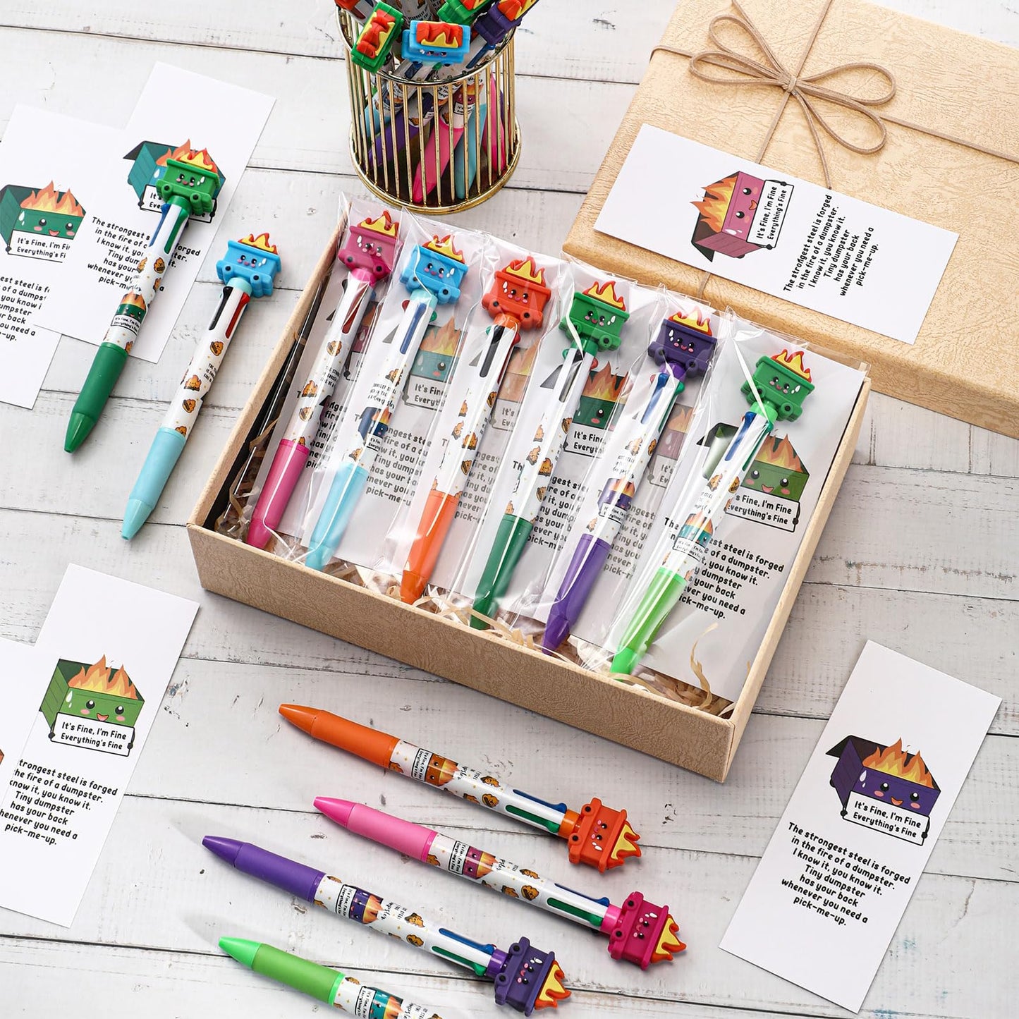 Kosiz 60 Sets Dumpster Fire Pens Gifts Bulk Mood Support Ballpoint Pens and Bookmarks Funny Appreciation Gifts for Graduation Employee Coworker Staff Nurse Teacher Office Desk Accessories