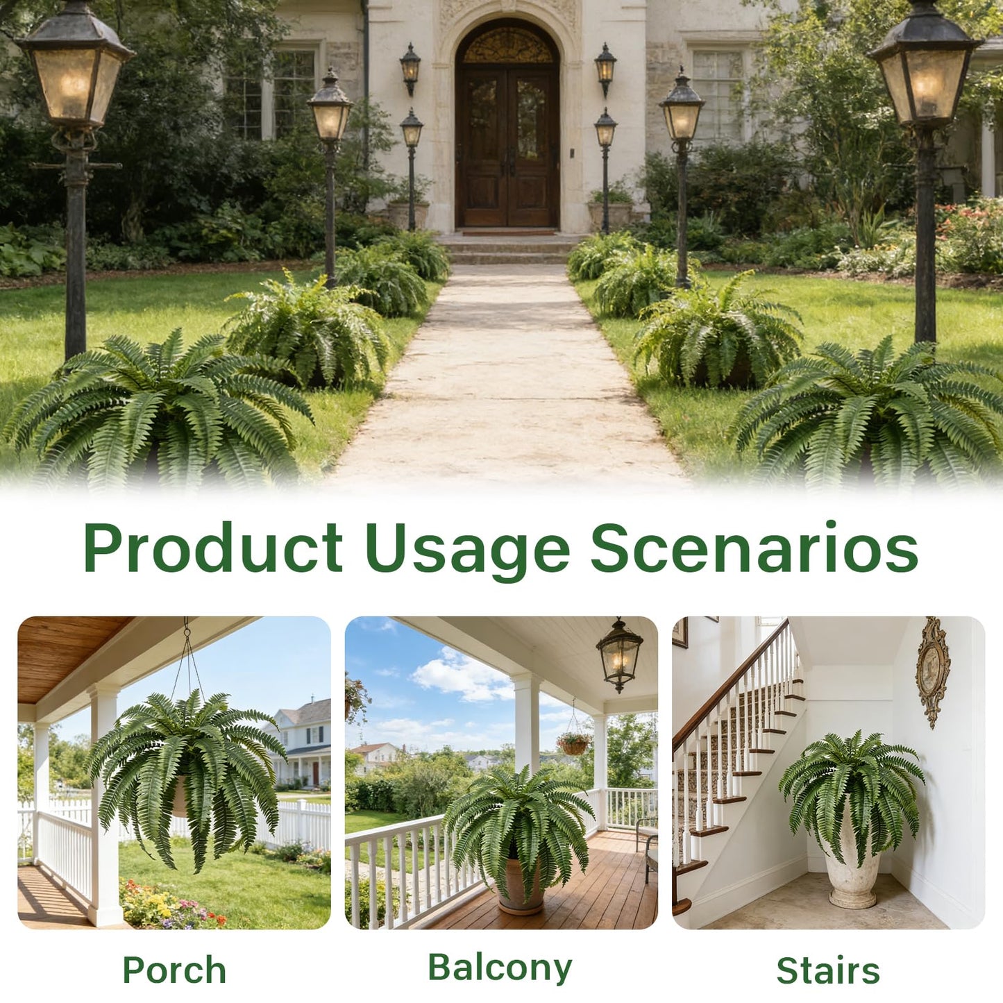 Apeair Set of 2 Large Artificial Boston Fern Plants, 48" Giant Faux Ferns with 39 Realistic Fronds, UV Resistant Fake Greenery for Outdoor Porch, Hanging Basket, Patio Garden Decor