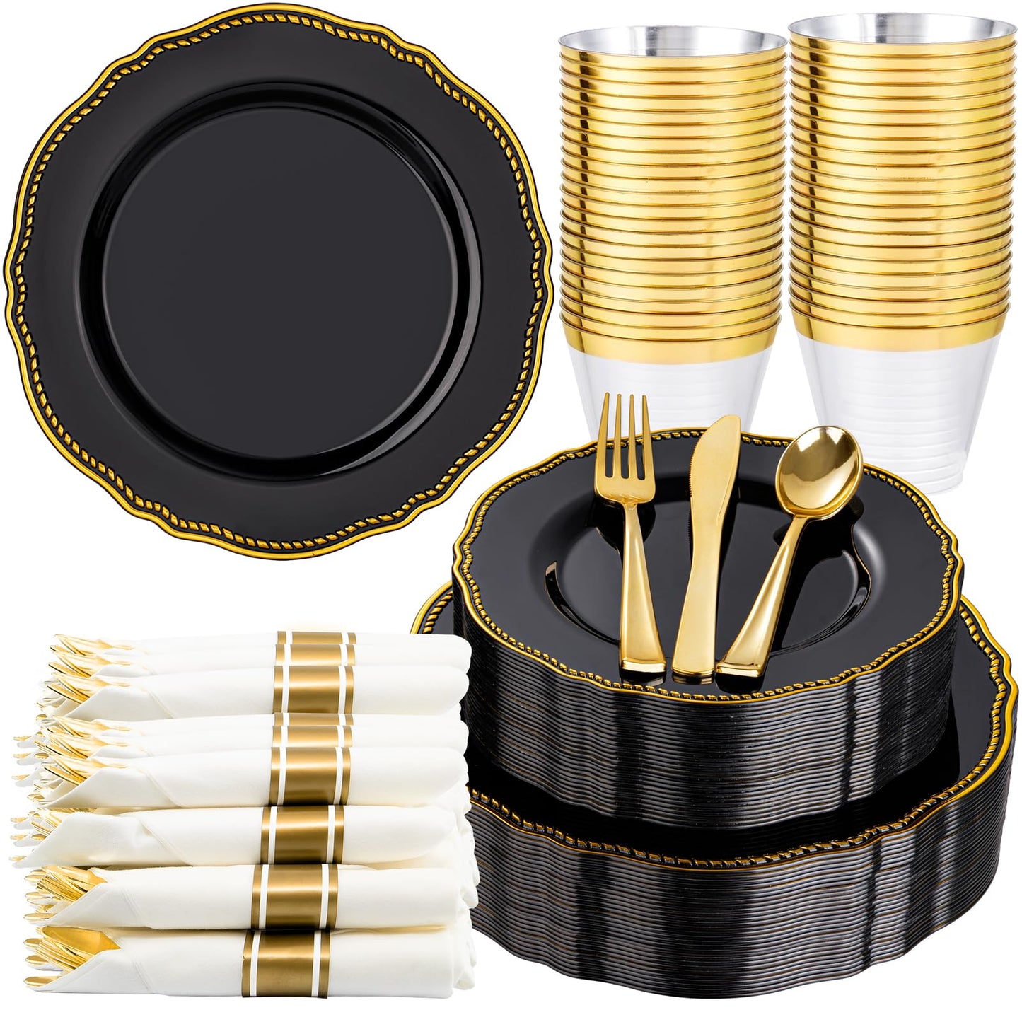 Hioasis 175pcs Black and gold Plastic Plates - Gold Plastic Dinnerware Set Includes 25 Dinner Plates, 25 Dessert Dinnerware, 25 Cups, 25 Napkins Perfect for Wedding & Party