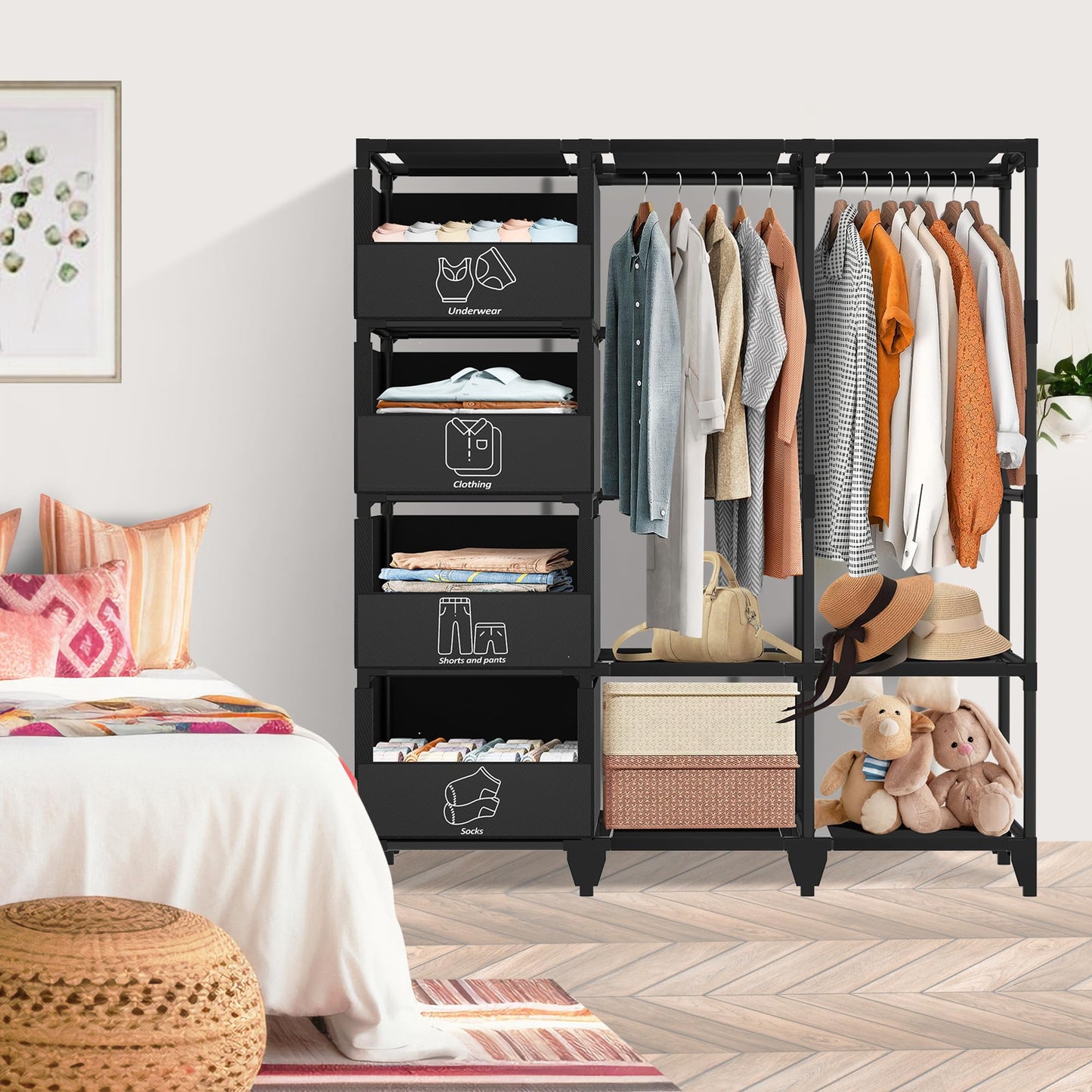 Jofuler Portable Closet, Easy Assembly, Large Capacity Wardrobe Closet, Sturdy and Stable Clothes Rack with Shelves 4 Storage Baskets and 2 Hanging Rods, for Bedroom and Cloakroom Black