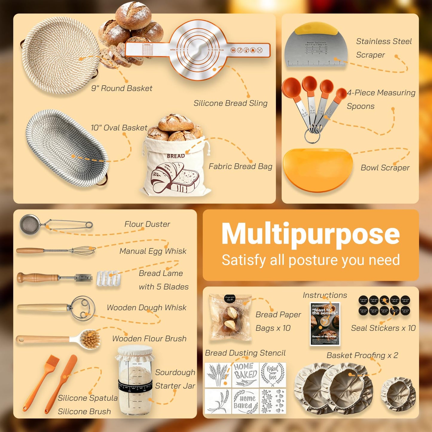 Acessorz Sourdough Bread Baking Supplies,Sourdough Starter Kit,2 Cotton Rope Banneton Proofing Basket,Bread Proofing Basket Making Tool Kit,Sour Dough Kit Tools,Baking Gifts for Women,Bakers,Wife,Mom