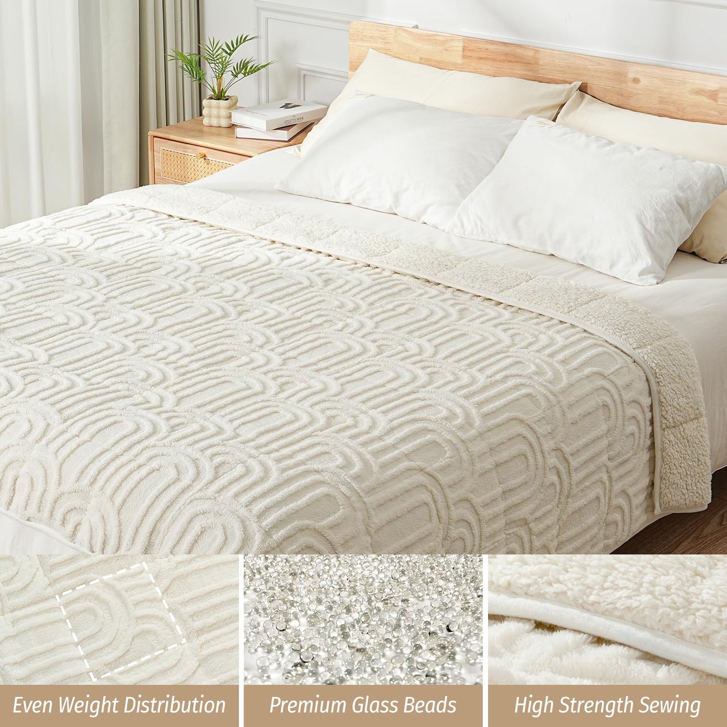 Wemore Jacquard Fleece Weighted Blanket Queen Size 60" x 80" 15lbs, Ultra Soft Cozy Sherpa Weighted Blankets for Adults, Ultra Fuzzy Heavy Blanket for Sleep, Fluffy Warm Throw for Bed, Cream White