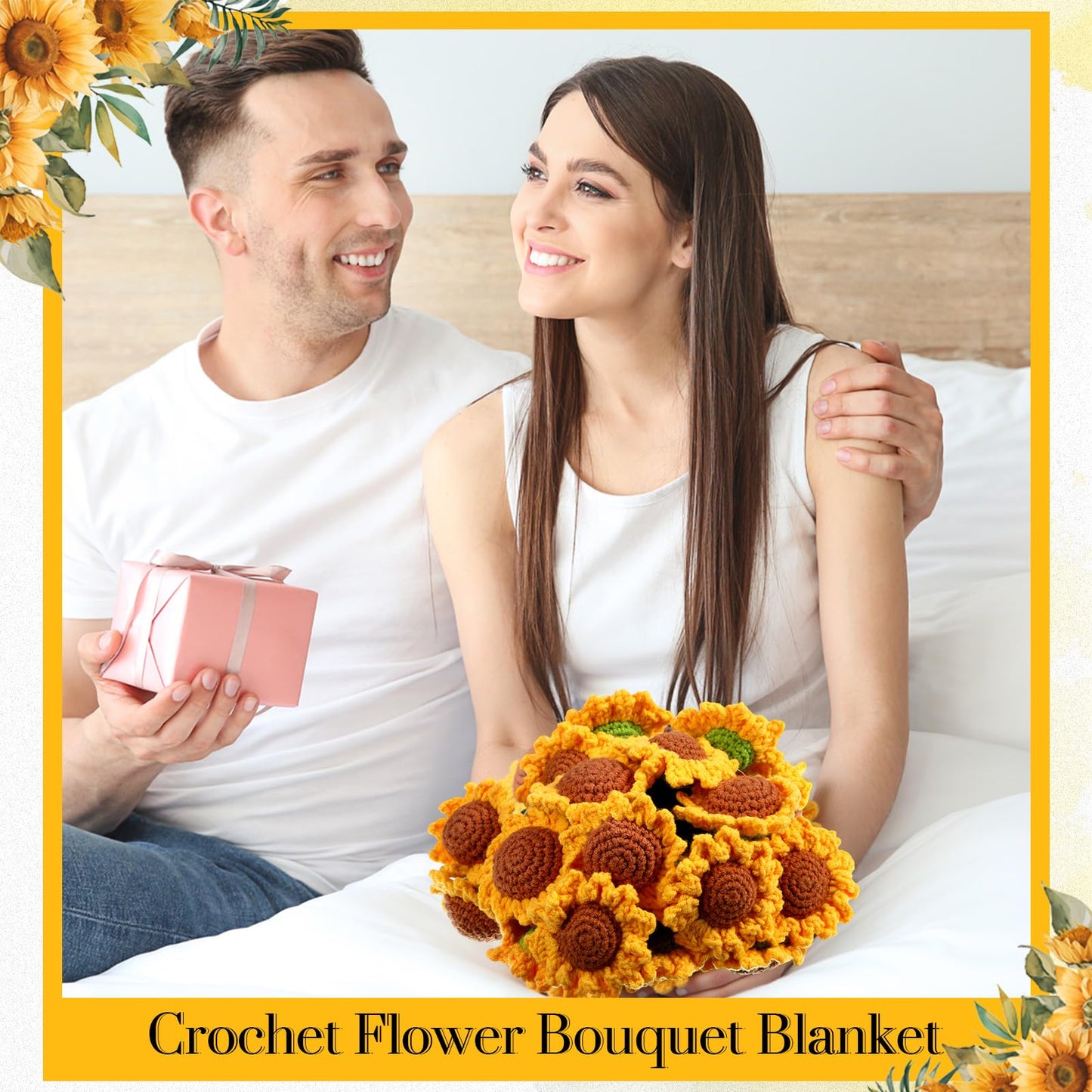 WovWeave Sunflower Crochet Knitted Blanket - 31.5 inch Finished Yellow Floral Bloomie Bouquet Blanket for Women Birthday Gift Anniversary Wedding Party Favors