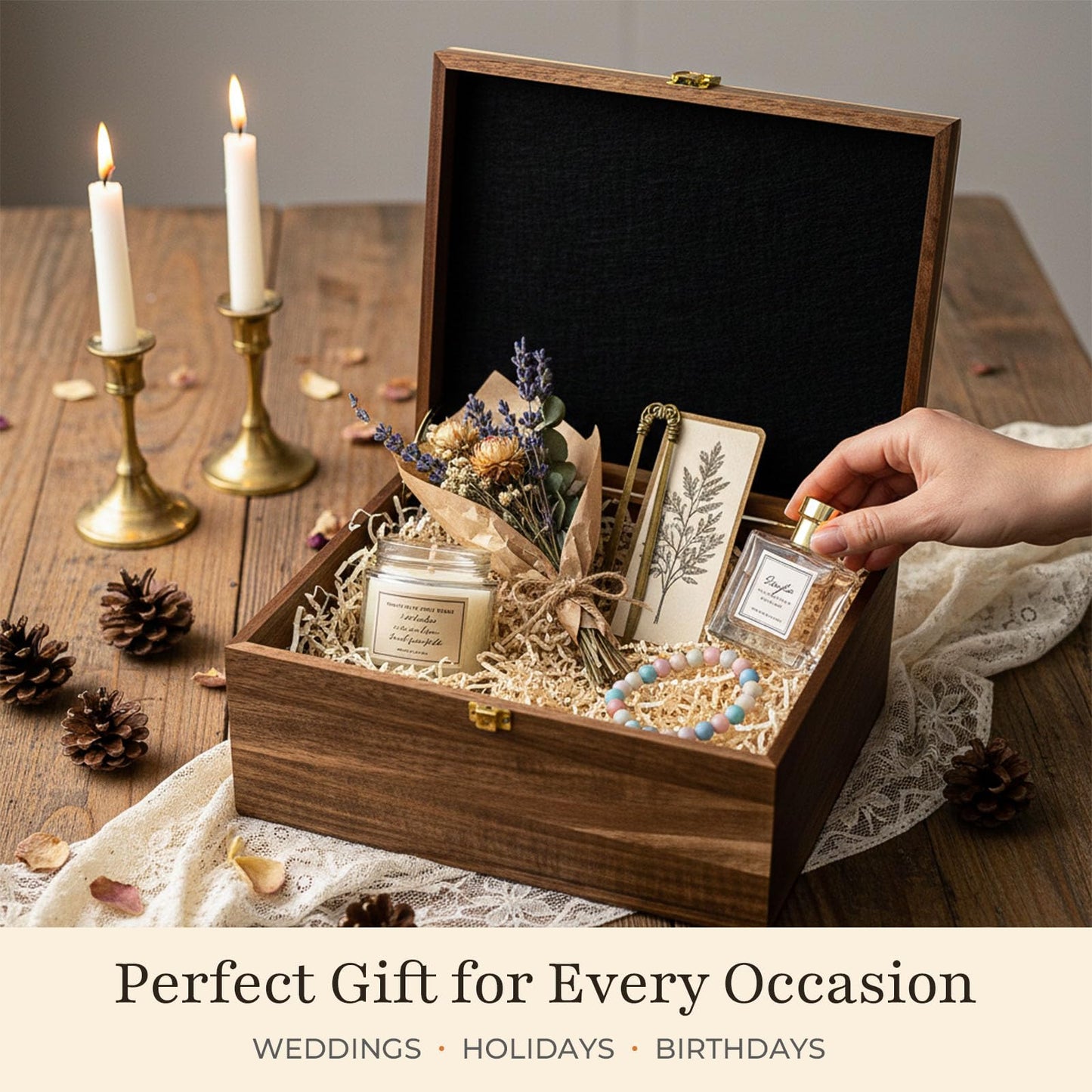 Keepsake Box – Wooden Keepsake Memory Box with Hinged Lid, Tree of Life Engraving, Large Acacia Wood Box 11"x8.6"x5", Felt Photo Board, Secure Latch – Storage for Photos, Letters, Jewelry, Crafts