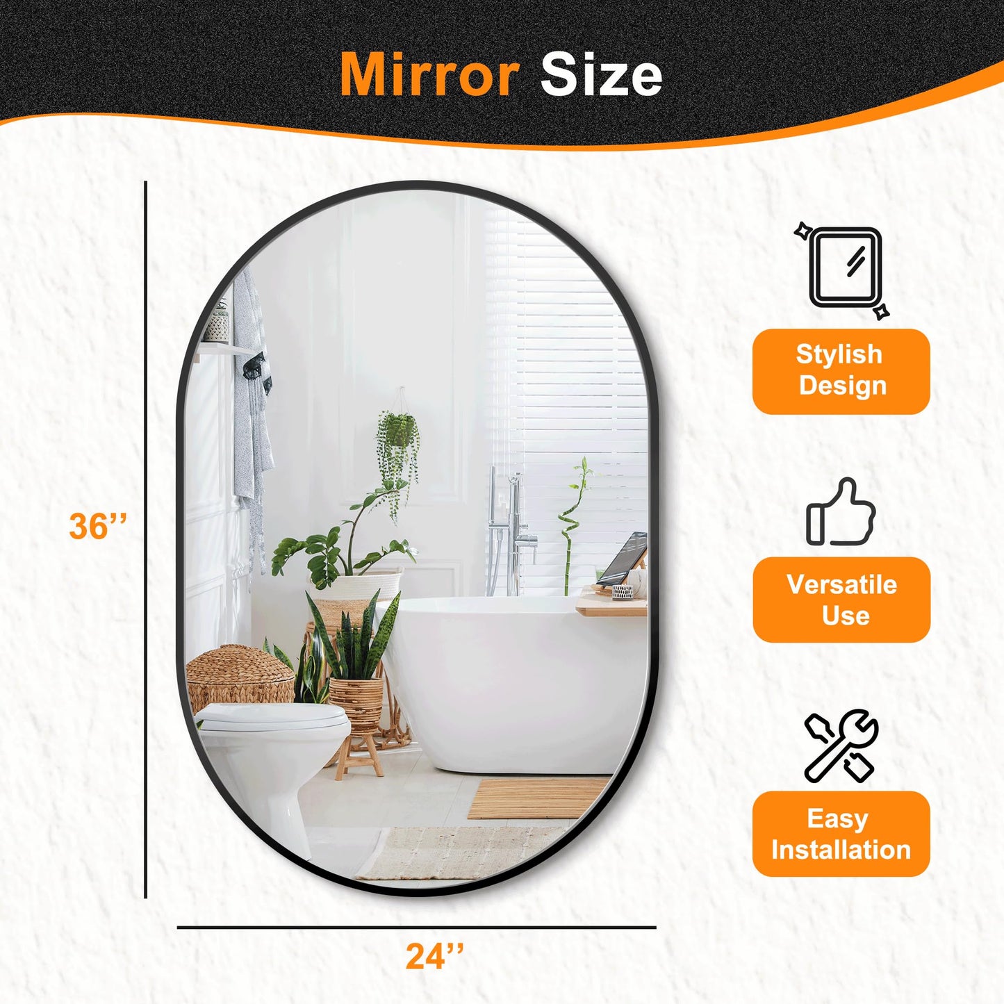 Bathroom Vanity Mirror for Wall, 36''x24'' Black Oval Bathroom Mirror for Over Sink, Bedroom, Living Room, Entryway, HD Tempered Glass, Wall Mounted Horizontally or Vertically
