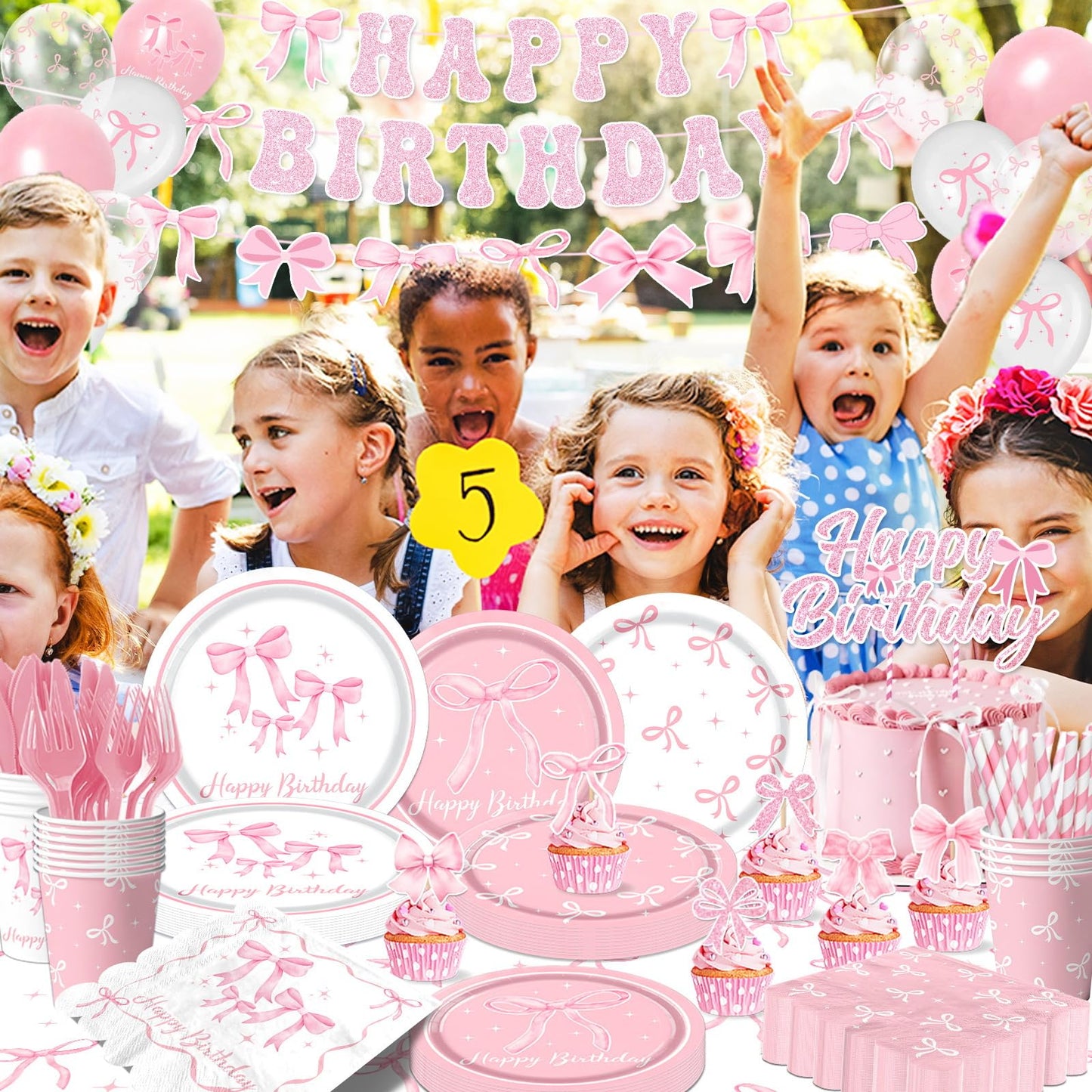 Pink Bow Birthday Party Supplies Serve 24, Coquette Birthday Decorations Include Bow Plates Napkins Cups Banner Tablecloth Cake Topper Balloons Bow Theme Tableware for Girls Bachelorette Decor
