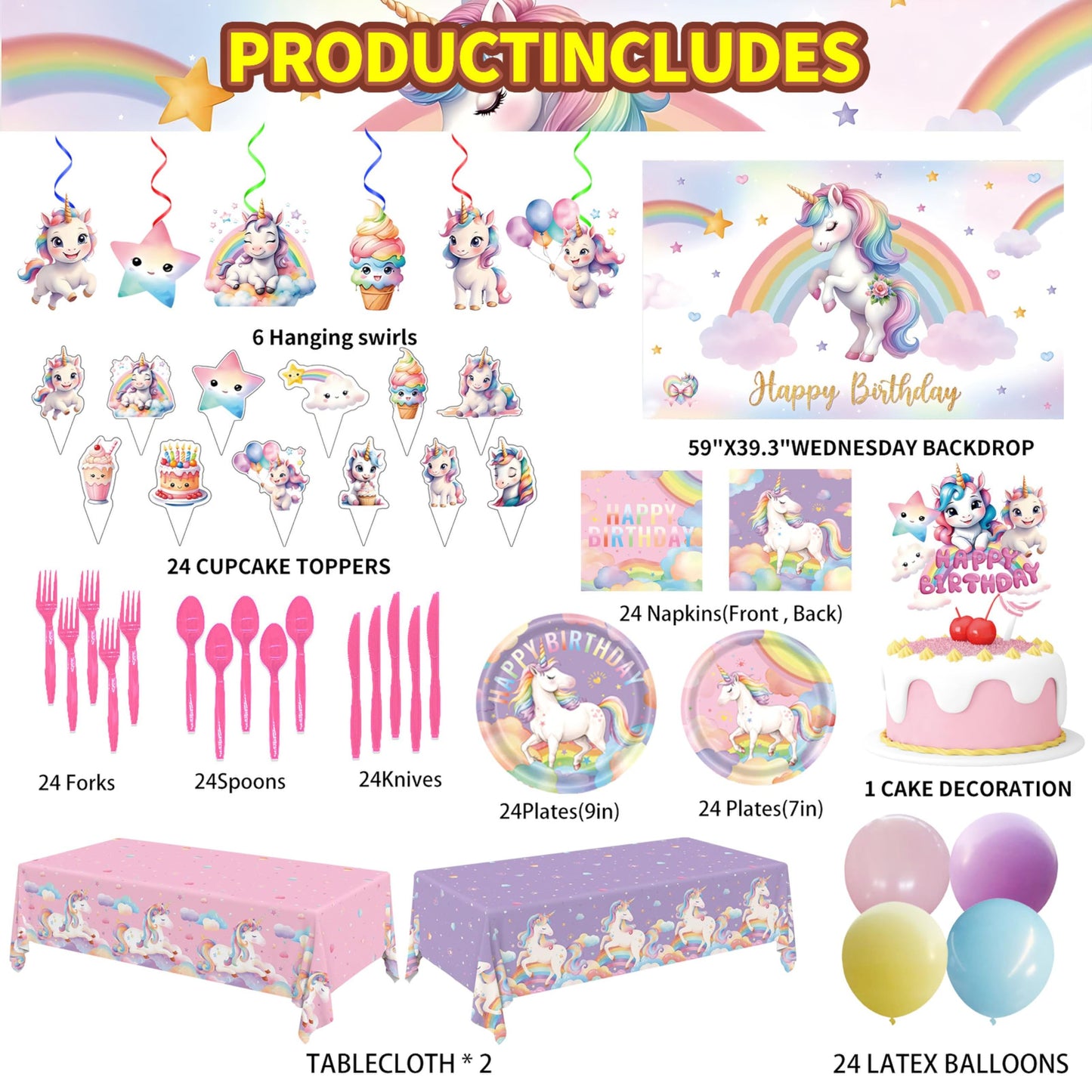 Unicorn Party Birthday Supplies - 220Pcs Unicorn Party Decorations Included Backdrop, Banner, Tablecloth, Hanging Swirls, Cupcake Toppers, Tableware, Paper Towel, Latex Balloons (BIG)