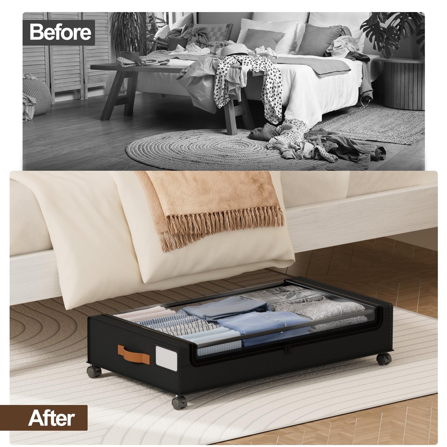 LAMU Under Bed Storage with Wheels, 2 Pack Under Bed Storage Containers with Clear Lid, XXL 60L Underbed Storage Bins, Rolling Under Bed Metal Drawers for Clothes, Blankets, Shoes, Black