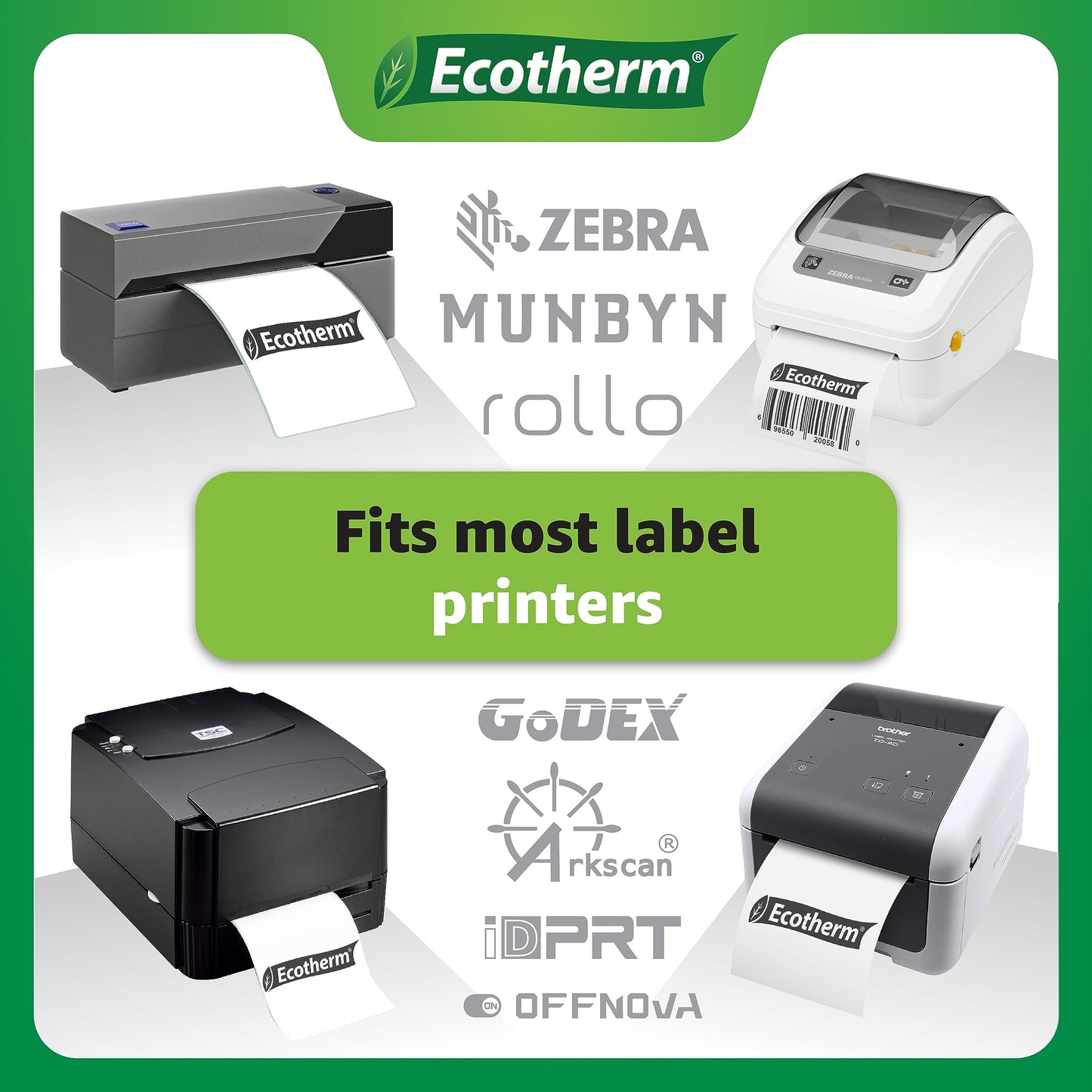 3" x 3" Thermal Labels | 4 Rolls | 2100 Labels | fits Zebra, Munbyn, Rollo, Godex, Arkscan, iDPRT, Offnova Thermal Label Printers and More | Blank White Adhesive Stickers by Ecotherm