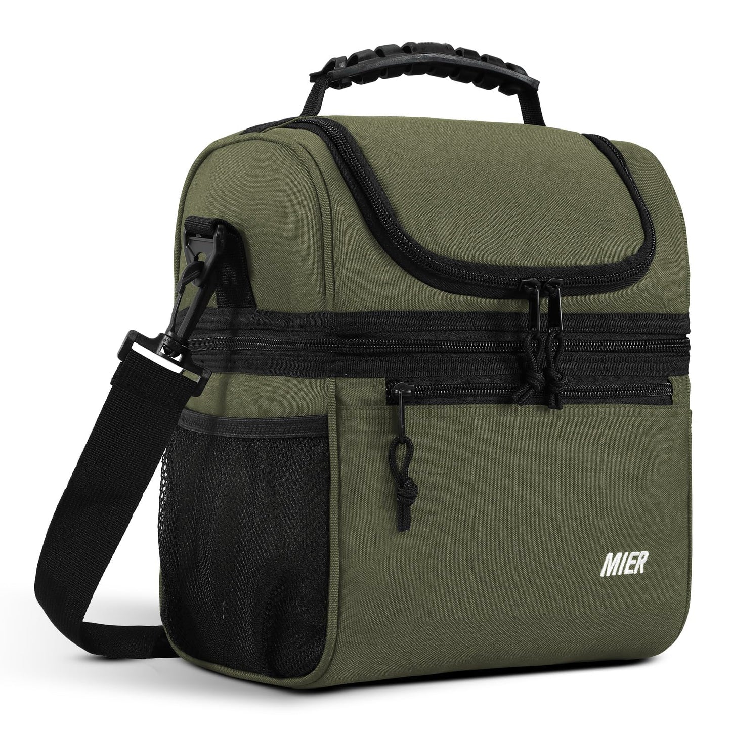 MIER Insulated Lunch Box Dual Compartment Lunch Bag Leakproof Cooler for Men Women Adult Work, Army Green, Medium (Upgraded Extra-Tall Bottom Layer)