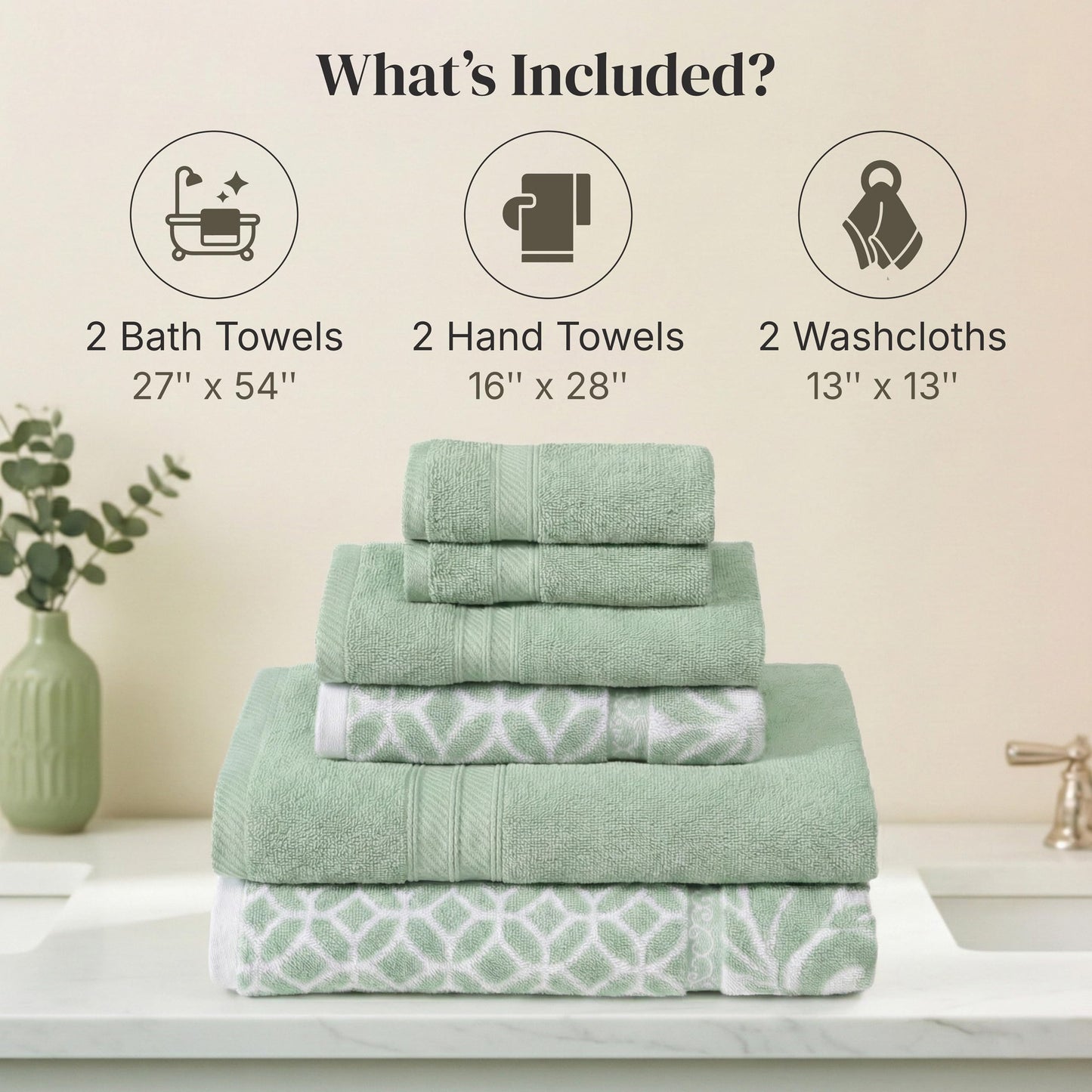 Modern Threads Botanical Vine 6-Piece 100% Cotton Towel Set – Reversible Yarn Dyed Jacquard – Includes 2 Bath Towels, 2 Hand Towels, 2 Washcloths – Absorbent, Quick Dry, Soft & Durable – Sage Green