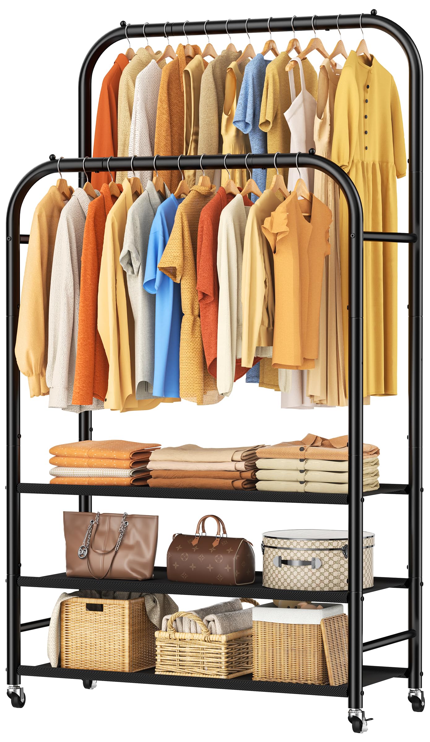 HOMIDEC Double Rods Clothes Rack Clothing Rack with 3 Tier Storage Shelves Clothes Rack for Hanging Clothes Multifunctional Clothes Organizer Bedroom,Wardrobe Closet,Shop,Black