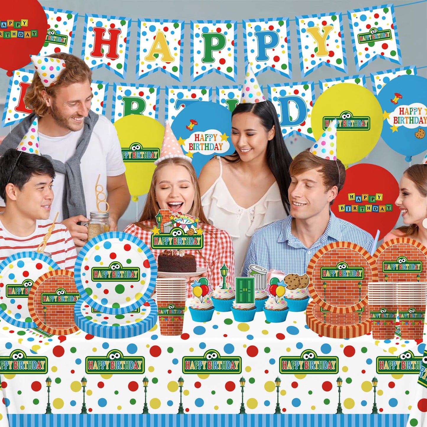 104pcs Birthday Party Decorations Cute Theme Tableware Set Include 9 Inches Plates, 7 Inches Plates, Happy Birthday Banner, Ballons, Napkins, Cups, Tablecloth, Cake Toppers and Cupcake Toppers