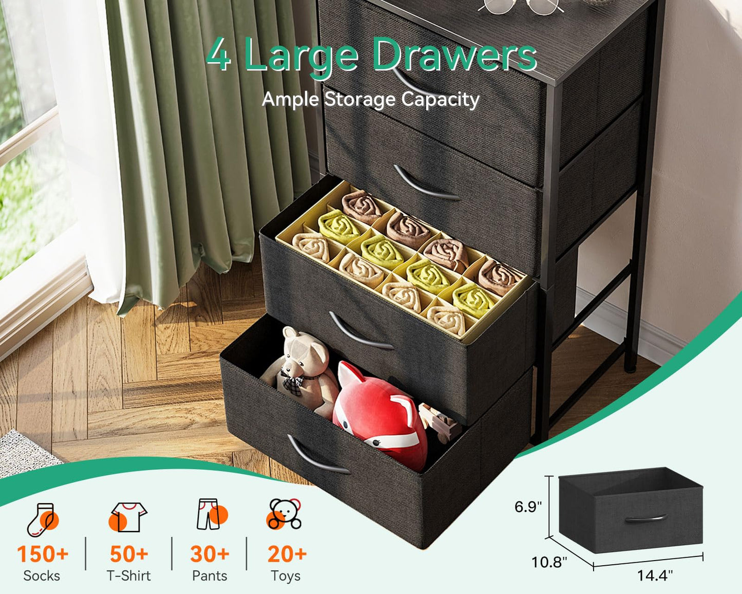 AODK Dresser for Bedroom with 4 Storage Drawers, Small Dressers Chest of Drawers Fabric Dresser with Sturdy Steel Frame, Black