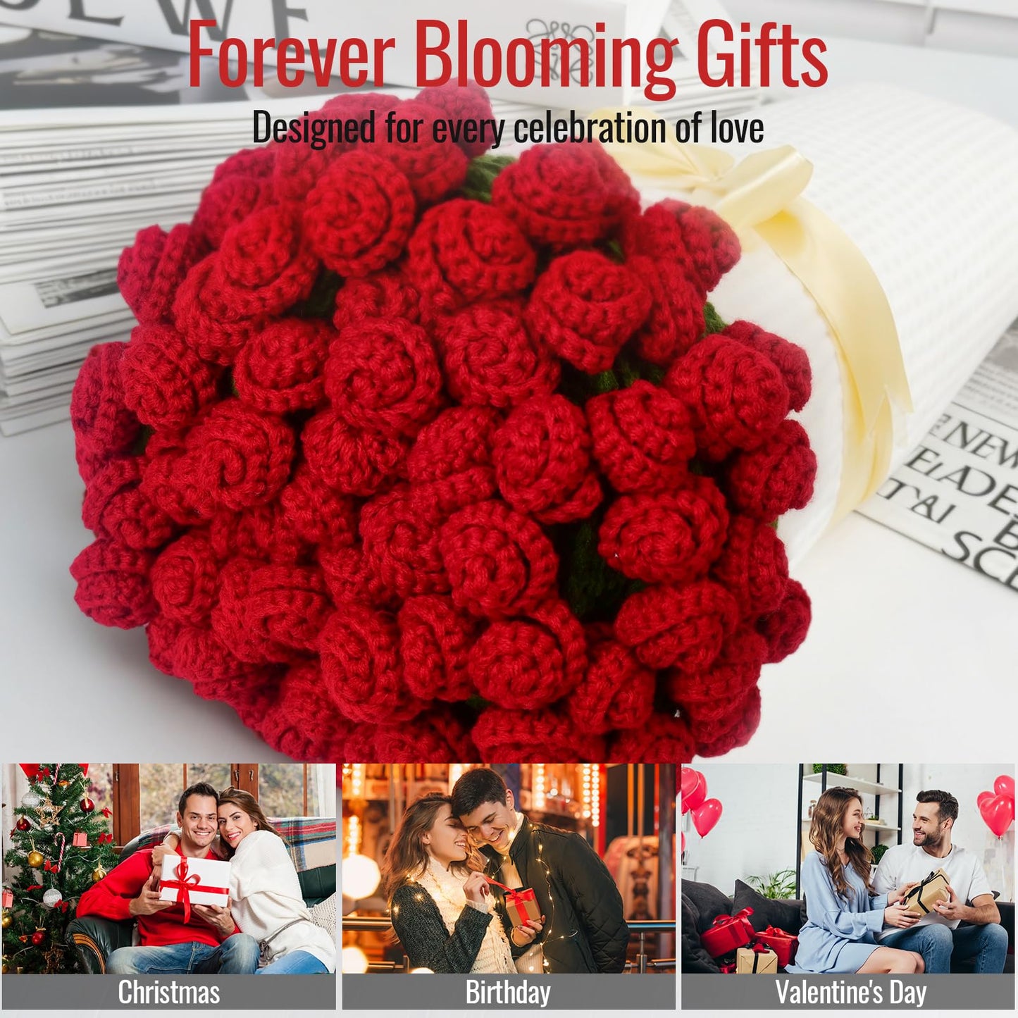FNHMSL Crochet Bouquet Flower Throw Blanket, Handmade Knitted Bouquet Blanket with Orange Flower, Romantic Gifts for Girlfriend Mom Mother's Day/Birthday/Wedding (Red Rose, 51X51 inch)