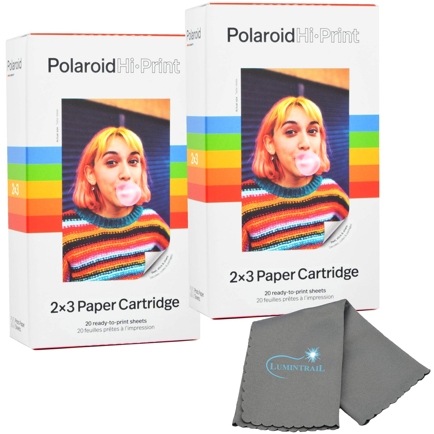 Polaroid Hi Print 2x3 Paper Cartridge, Peel and Stick, 2 Pack (40 Photos) with a Microfiber Cleaning Cloth