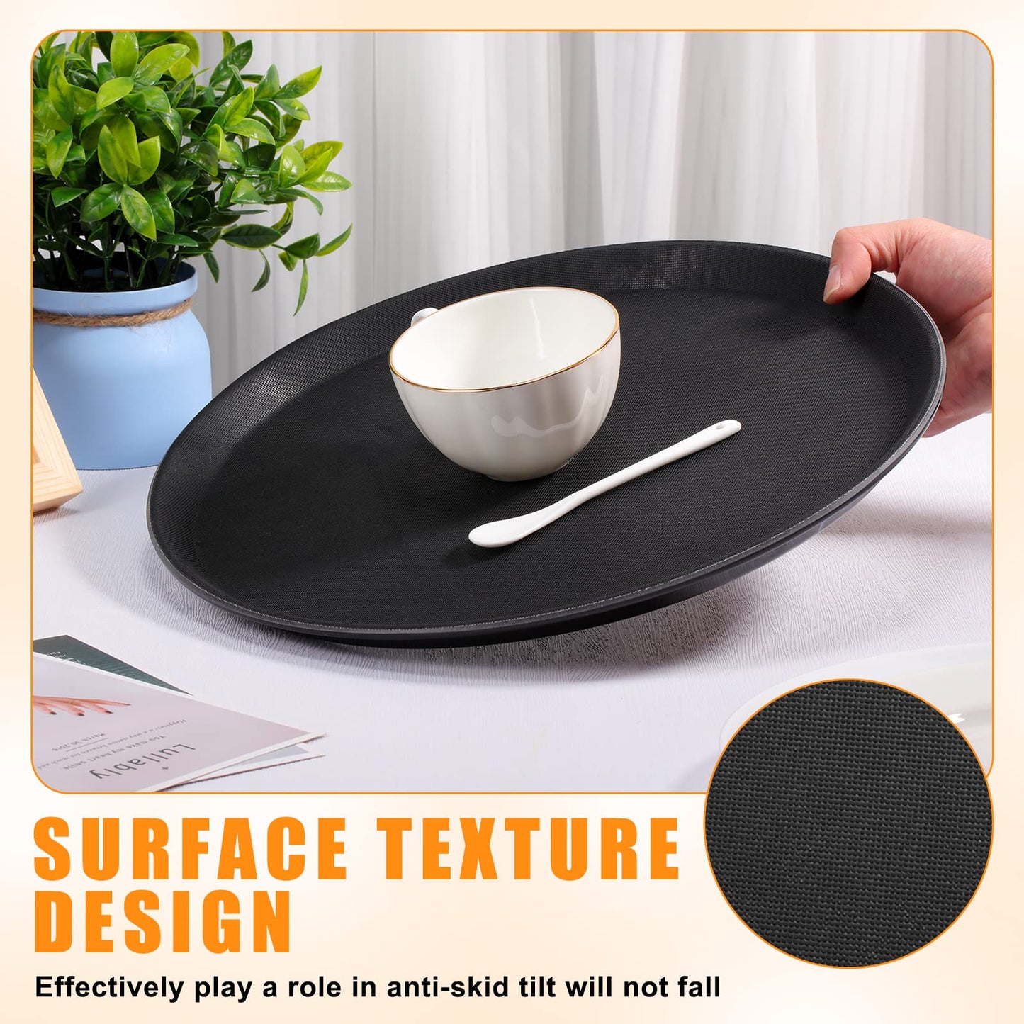 Zopeal 8 Pieces Black Round Restaurant Serving Tray, Plastic Non Slip Surface Food Meals Server Tray with Raised Edges for Home, Kitchen, Restaurant, Cafeteria, Bar (14")