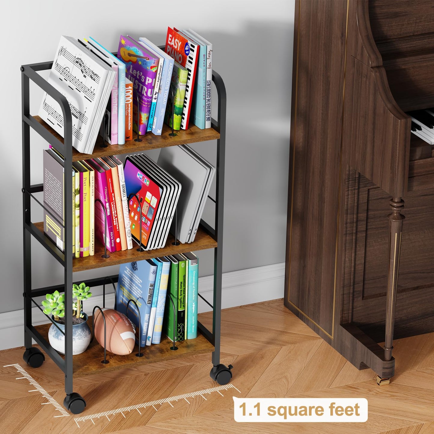 Feyejade Rolling Book Cart with Removable Dividers, 3-Tier File Cart with Wheels, Utility Storage Rack for Office, Home, Classroom, Art Supply Organizer, Binder and Laptop Shelf Rack