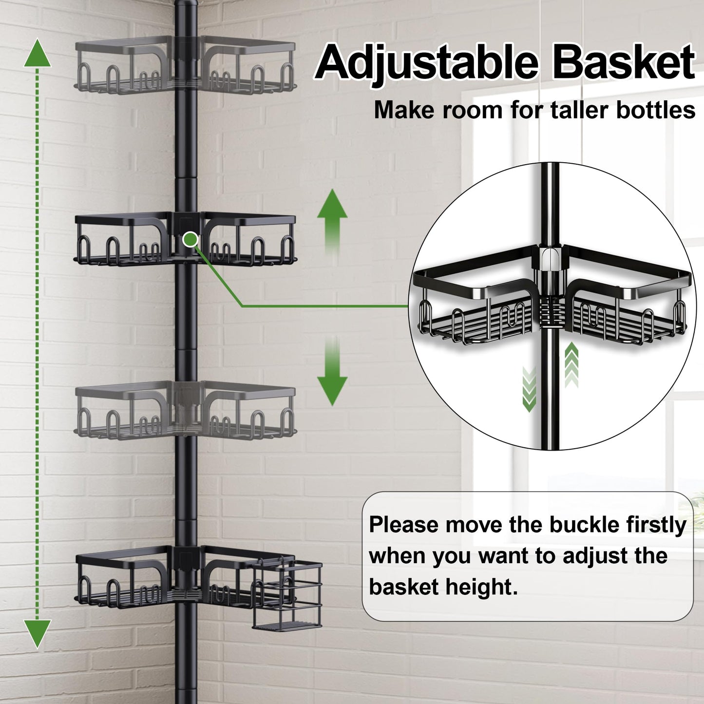 Clothink Corner Shower Caddy Tension Pole 4 Tier Adjustable Stainless Steel Shower Shelf for Inside Shower Bathtub Shampoo,Standing Bathroom Organizer Shelves with 39 to 113 inch Height