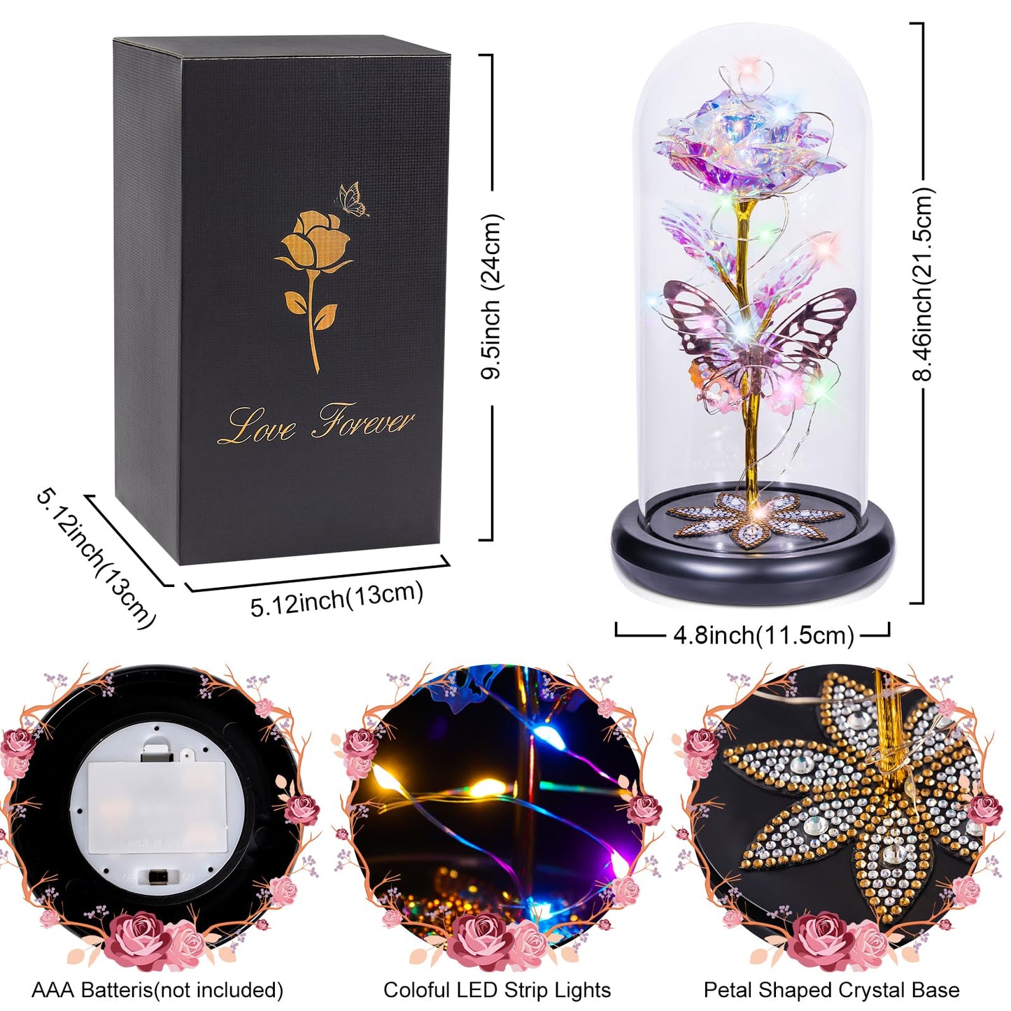 Mothers Day Flowers Gifts for Mom Women Birthday Gift, Galaxy Glass Rose Forever Eternal Crystal Rose in Glass Dome with Butterfly Mother's Day Roses Gifts for Mom Daughter Wife Women Grandma Colorful