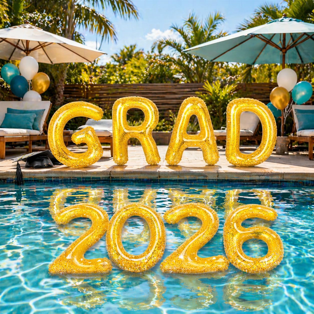 Graduation Inflatable Pool Party Decorations - 12Pcs Grad 2026 Letters 20 x 15 in Gold Pool Float & Graduation Beach Balls Congrats Sign & Grad Cap Inflatable for Class of 2026 Glitter Party Supplies