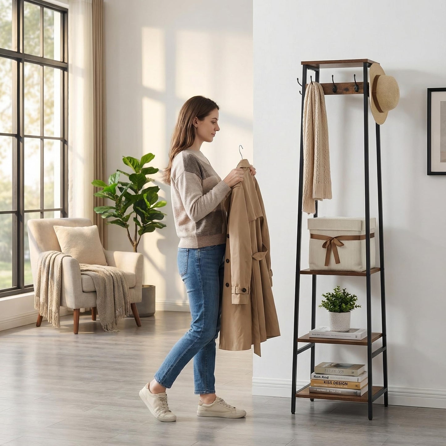 Cerlyunzan Coat Rack Freestanding, Coat Stand with 3 Shelves and 7 Hooks, Hall Tree Free Standing, Clothes Rack Stand Organizer, Industrial Style, Rustic Brown and Black