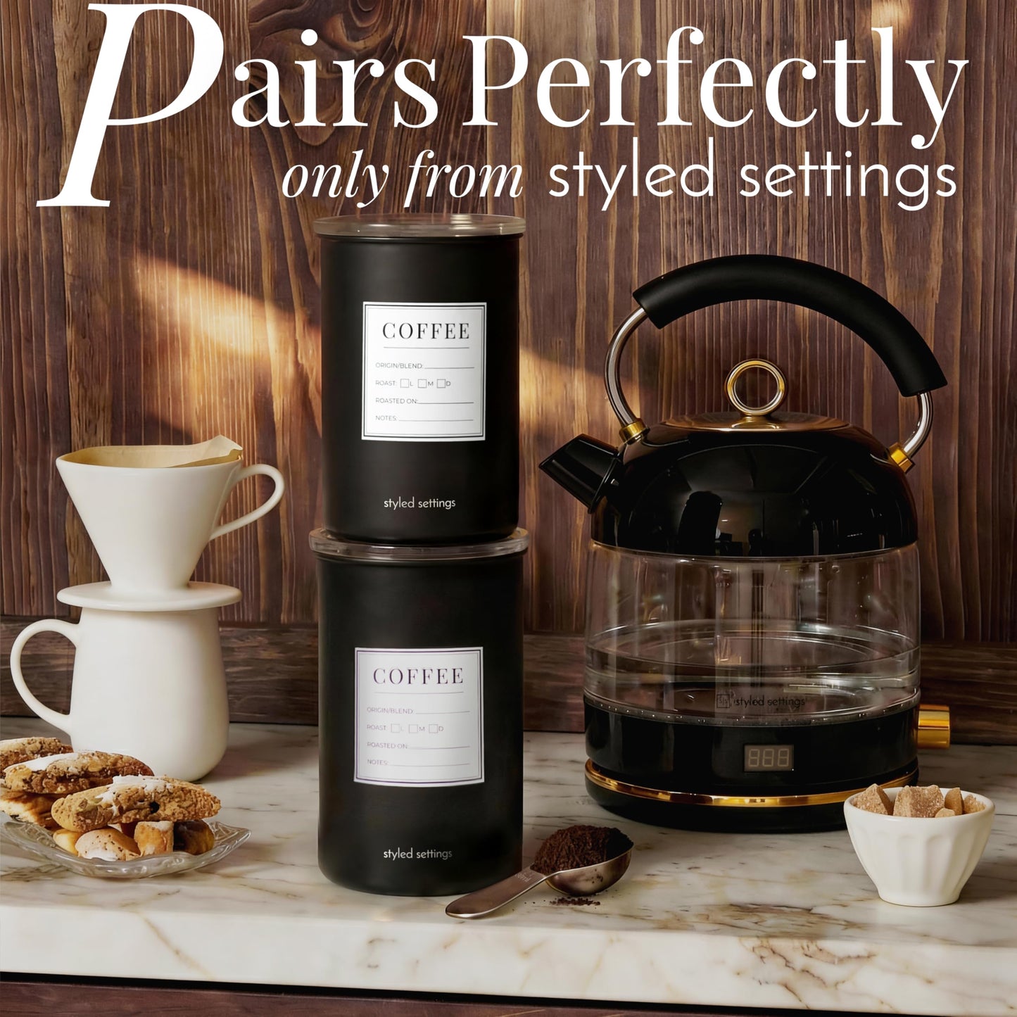 STYLED SETTINGS Vacuum Seal Coffee Bean Container Set – 2-Piece Stainless Steel Coffee Canisters with Scoop and Labels, Matte Black Dual-Lid Airtight Design, 1 lb Capacity Each - Coffee Gift Ideas