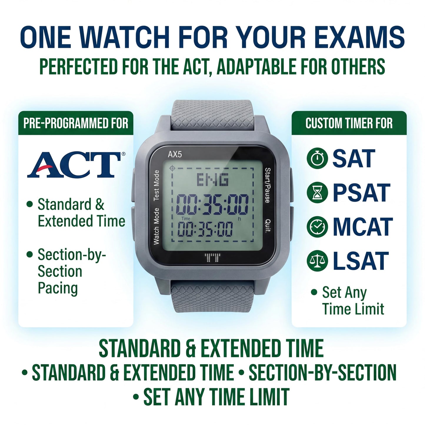 ACT Authorized Test Prep Pacing Watch | Easy-to-Use Silent Digital Wrist Watch, w/ Pre-Program Section for ACT & Marker to Monitor Elapsed Time (Standard + Extended Time) - Pair w/ ACT Prep Book Guide