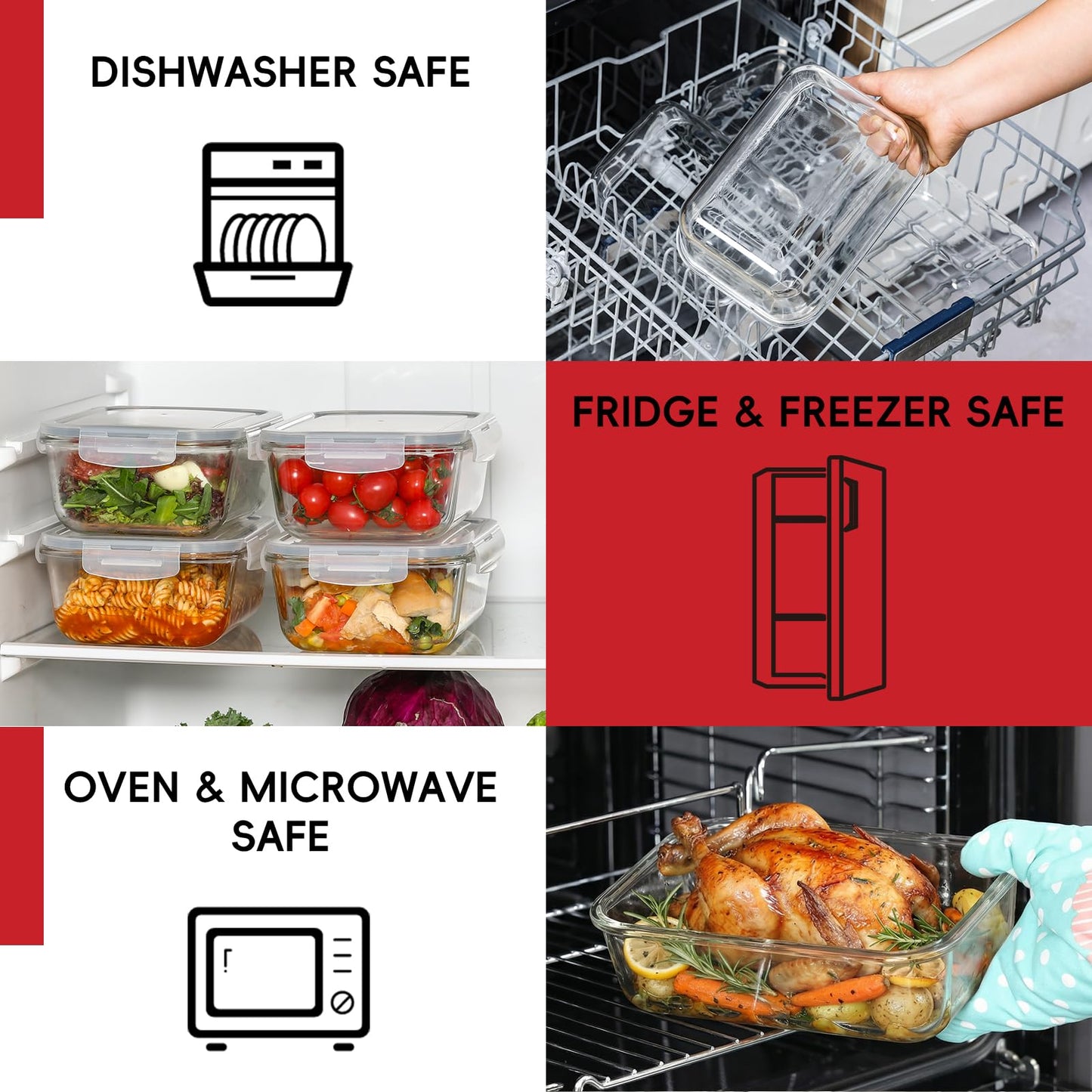 Snuvid 4 Pack 8 Cups/ 63oz Large Glass Storage Containers with Lids, Meal Prep Containers, Glass Food Storage with Airtight Lid for Baking, Leak Proof & Microwave, Oven Safe (4 Containers + 4 Lids)