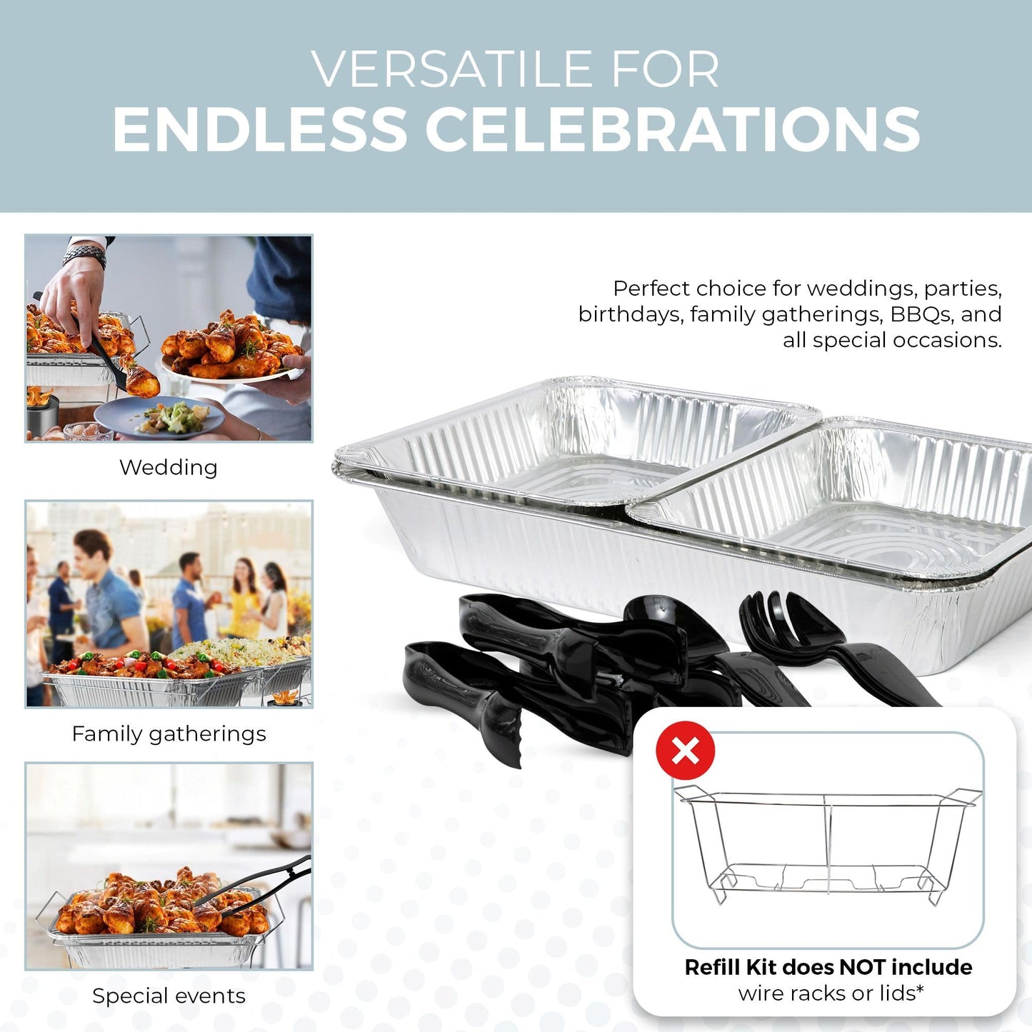 Alpha Living Large Full Size Refill Kit Disposable Chafing Buffet with - Utensils, Fuel Cans Only – Premium Chafing Dish Set for Events, Parties, Catering