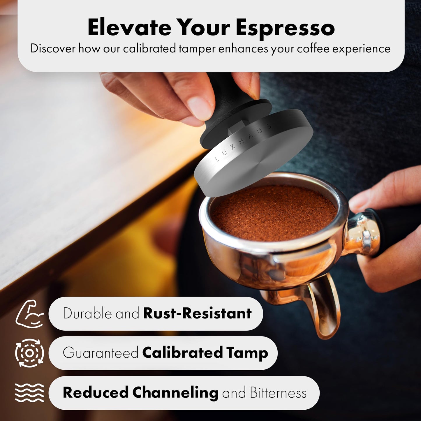 LuxHaus 51mm Calibrated Coffee Tamper for Espresso Machine with Spring Loaded 100% Flat Stainless Steel Base