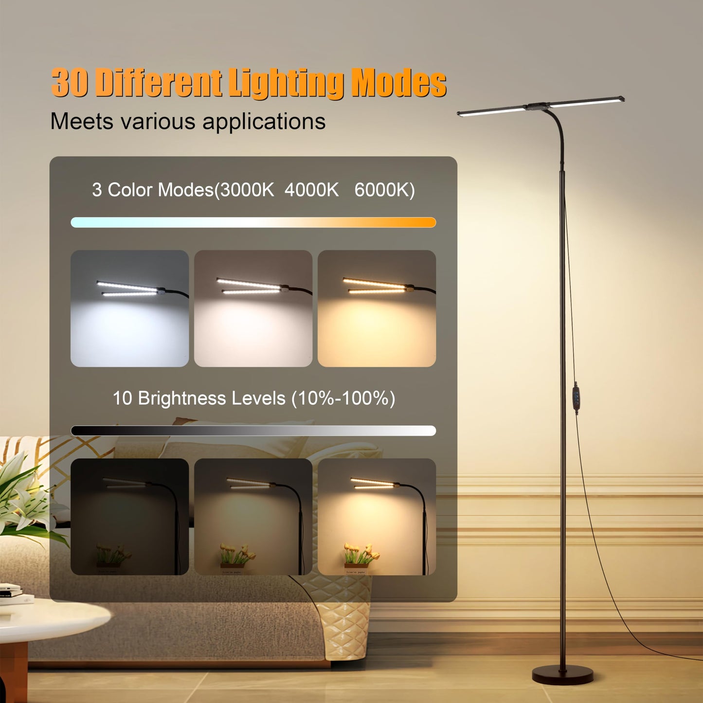 JhauvMw 18W Dual Head LED Floor Lamp, Extended Flexible Gooseneck, Eye-Caring 3 Color Modes & 10 Brightness Levels, 4 Detachable Poles, USB Standing Light for Living Room, Bedroom, Office Reading