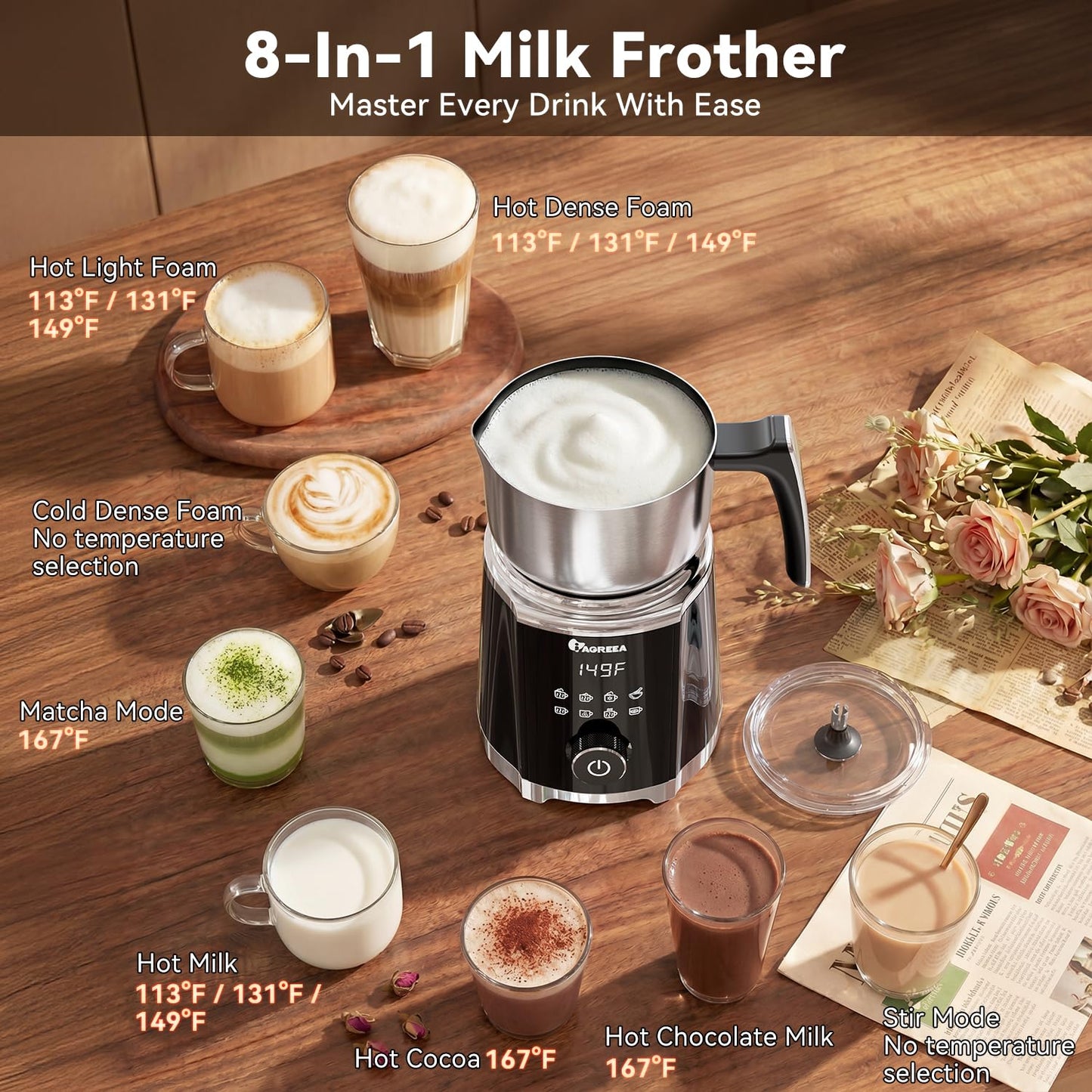 IAGREEA Milk Frother, 8 in 1 Large Hot and Cold Foam Maker (600ml), Detachable Milk Steamer Jug for Latte, Matcha, Hot Chocolate, Stainless Steel, Dishwasher Safe