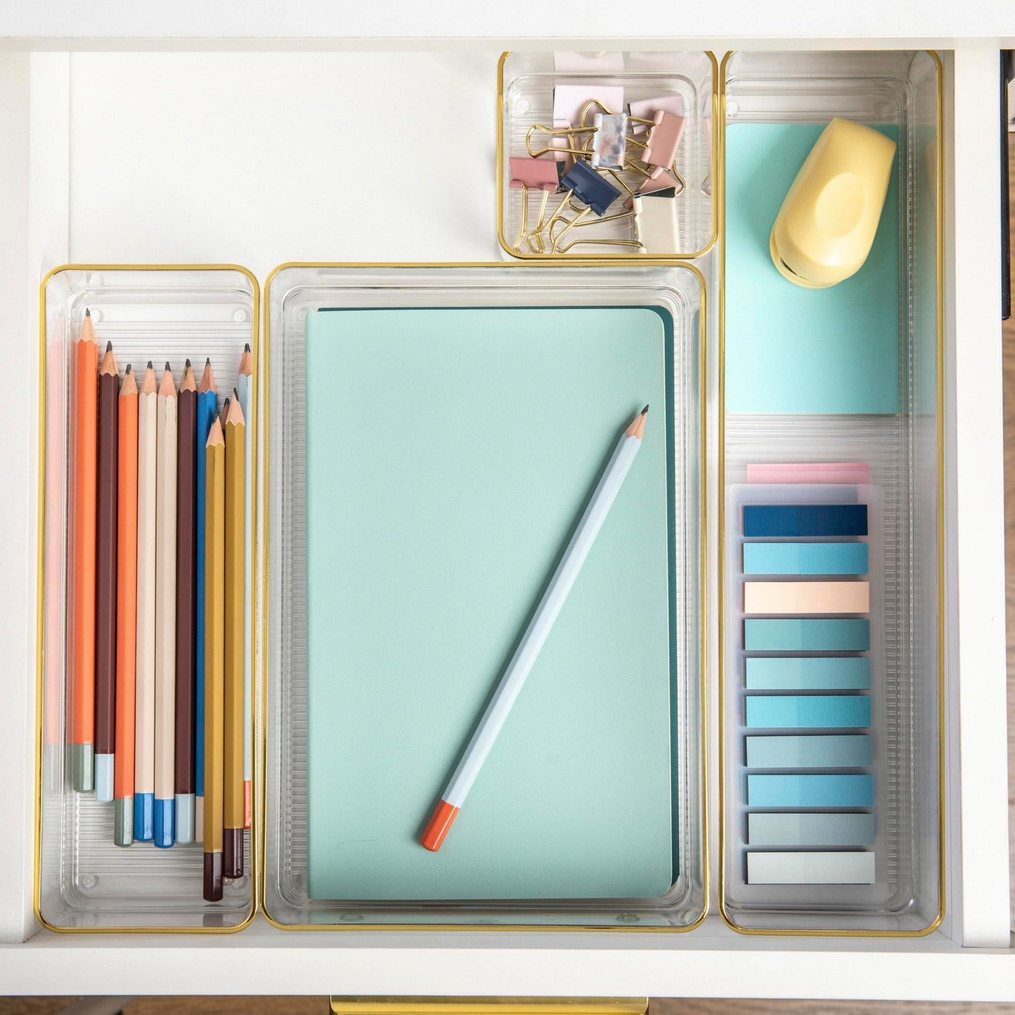 Martha Stewart Kerry Plastic Stackable Office Desk Drawer Organizers, Set of 8, with Gold Trim