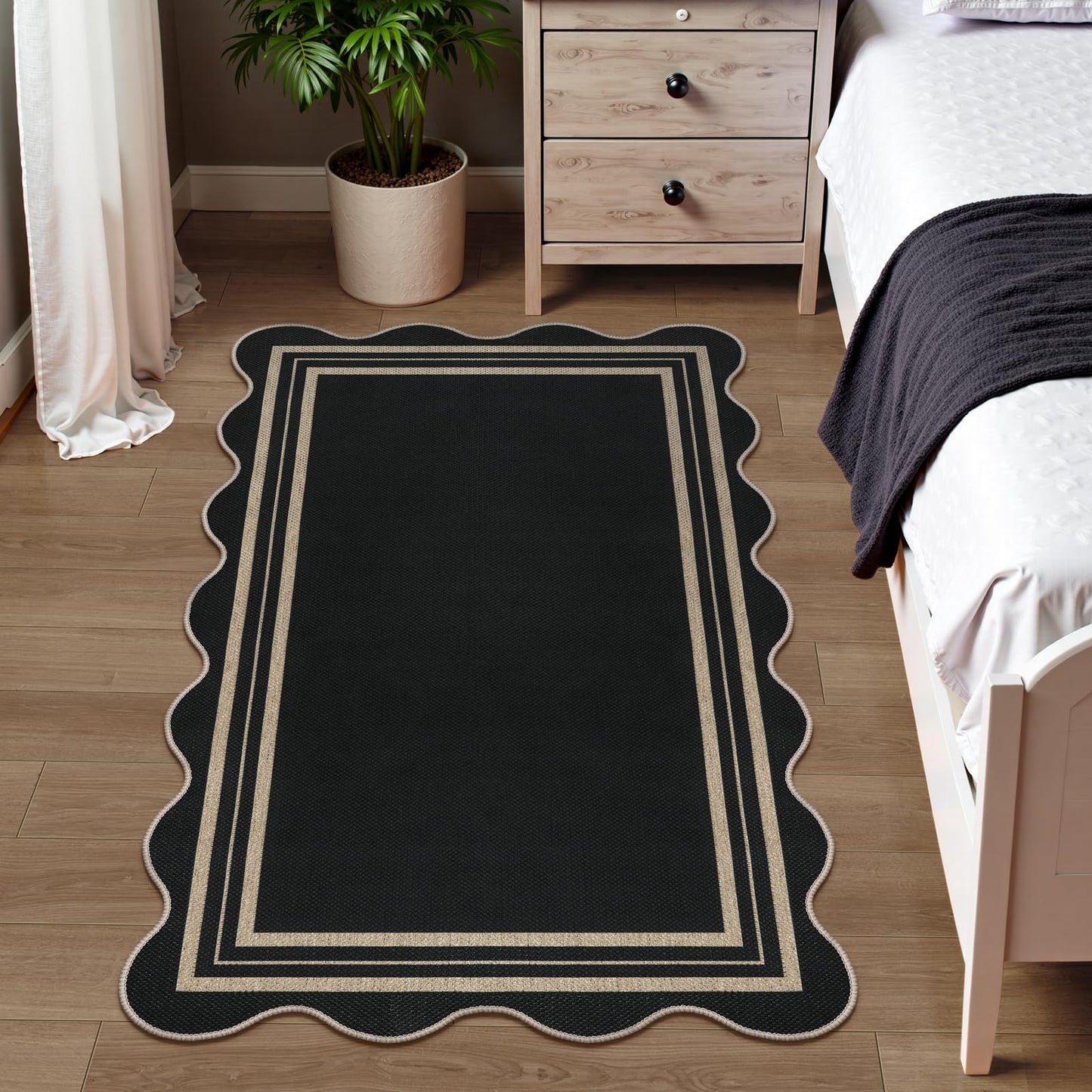LORWER Scalloped Easy Jute 3x5 Outdoor Rug, Washable Rugs for Entryway Black Front Door Mat, Farmhouse Neutral Non Slip Indoor Carpet for Patio Living Room Backyard