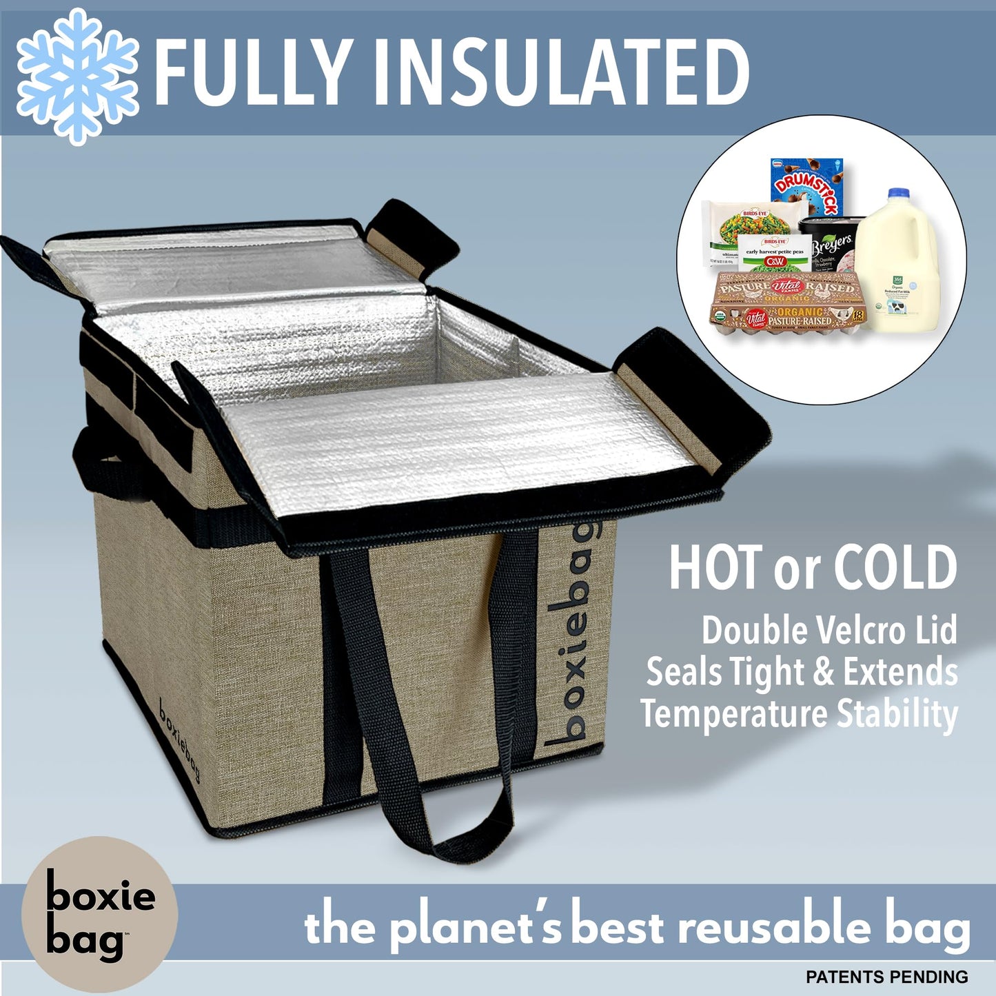 Boxiebag Reusable Grocery Bag (Single) – Durable Reusable Shopping Bag Box. Insulate, Stand Up, Stay Open, Fold Flat – Large Tote Bag with Long Handles & Reinforced Bottom. 2 Year Warranty.