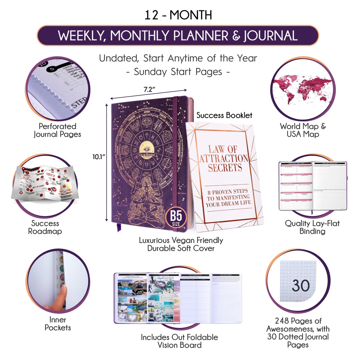 Deluxe Weekly and Monthly Planner | Law of Attraction Planner with Productivity App | 12-Month for Productivity, Gratitude & Goal Setting | Includes Foldable Vision Board, Gift Box & Stickers