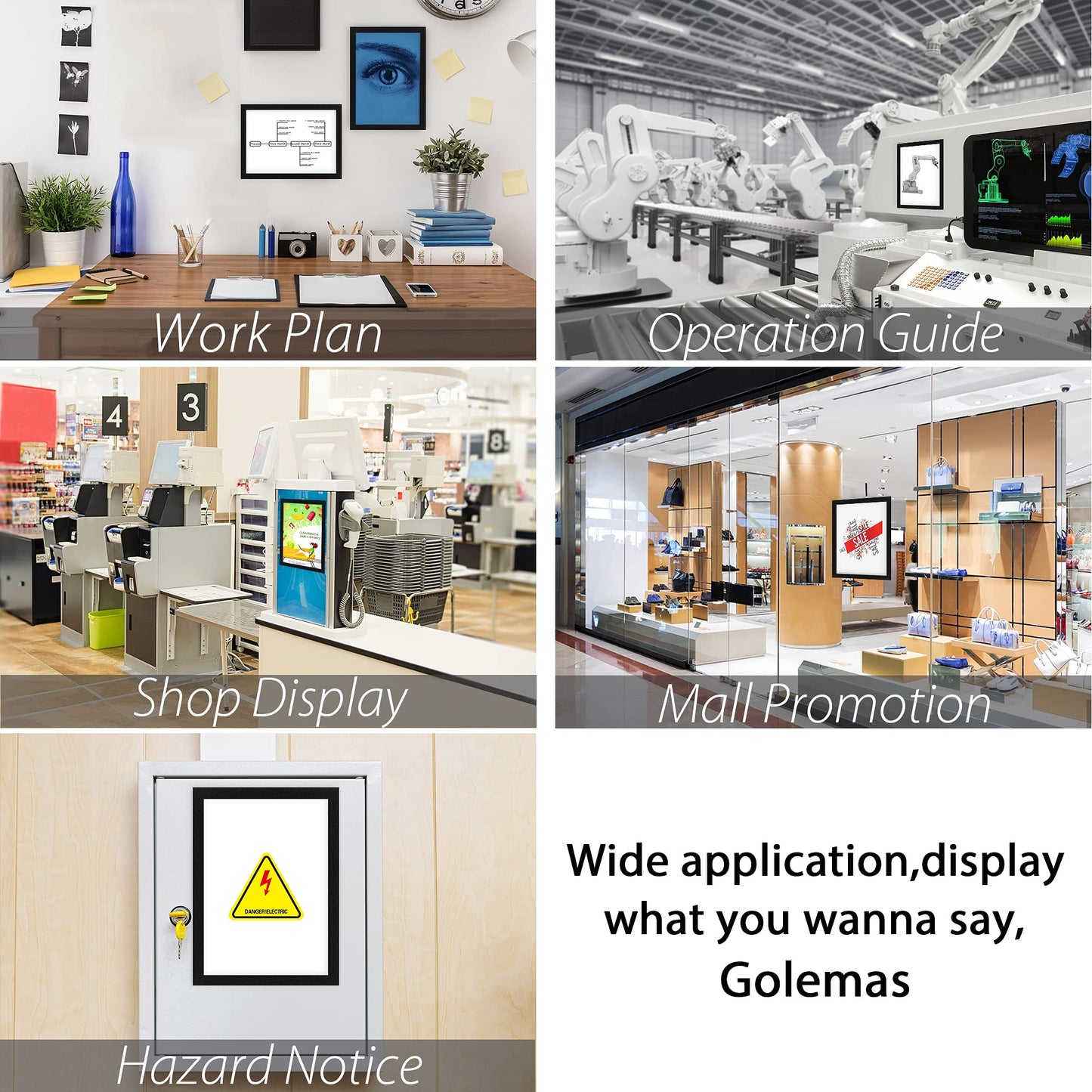Golemas Magnetic Sign Holder, 8.5 x 11 Wall Mount Self Adhesive Document Display Frames, Double Sided Display for Glass Window (Black, 10pack)