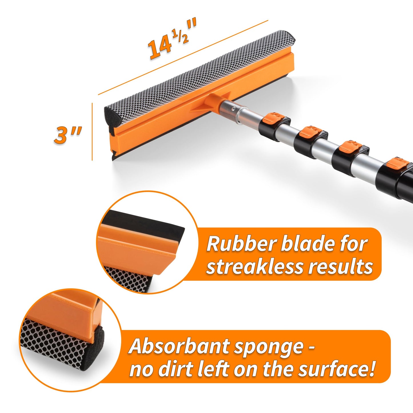 4-12 ft Window Washer Squeegee Kit with Extension Pole (20+ Foot Reach) // Long Handle Squeegee for Window Cleaning & Car Cleaning Multi-Use//Telescopic Professional Window Cleaning Squeegee for Home