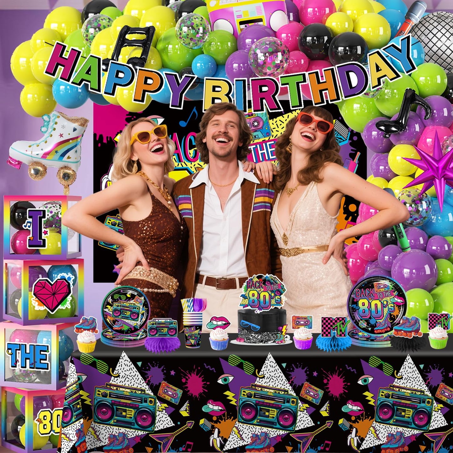 277pcs 80s Party Decorations Serves 25, All-in-one Set with Back To The 80's Backdrop Tableware Balloon Arch Tablecloth Balloon Box Cupcake Topper Table Decor, Etc. for 80s Party Decorations