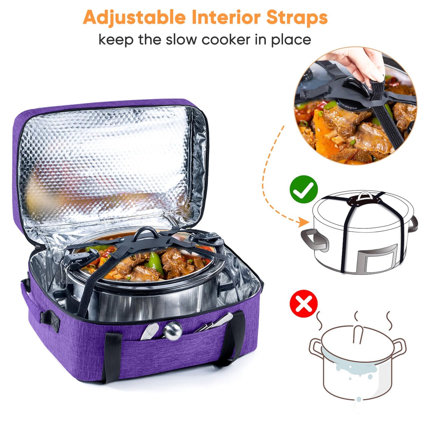 BAGSPRITE Double-Layer Slow Cooker Carrying Bag for 6-8 Quart CrockPot and Hamilton Beach Slow Cooker, Travel Bag with Lid Fastener for Crock-pot, Portable Carrier Case Slow Cooker Bag, Purple