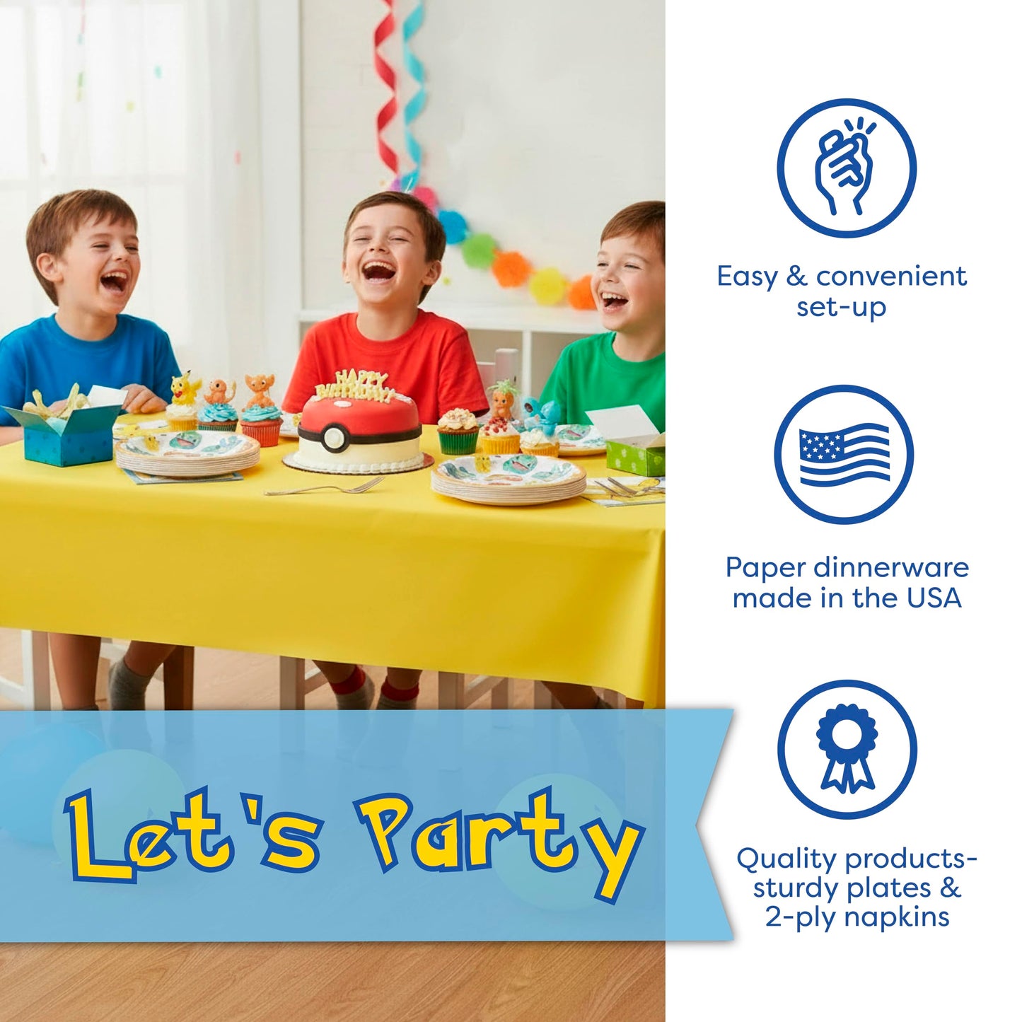Pokemon Birthday Decorations Party Supplies for 16 - Officially Licensed Balloons, Tablecloth, Cake Plates, Napkins, Sticker